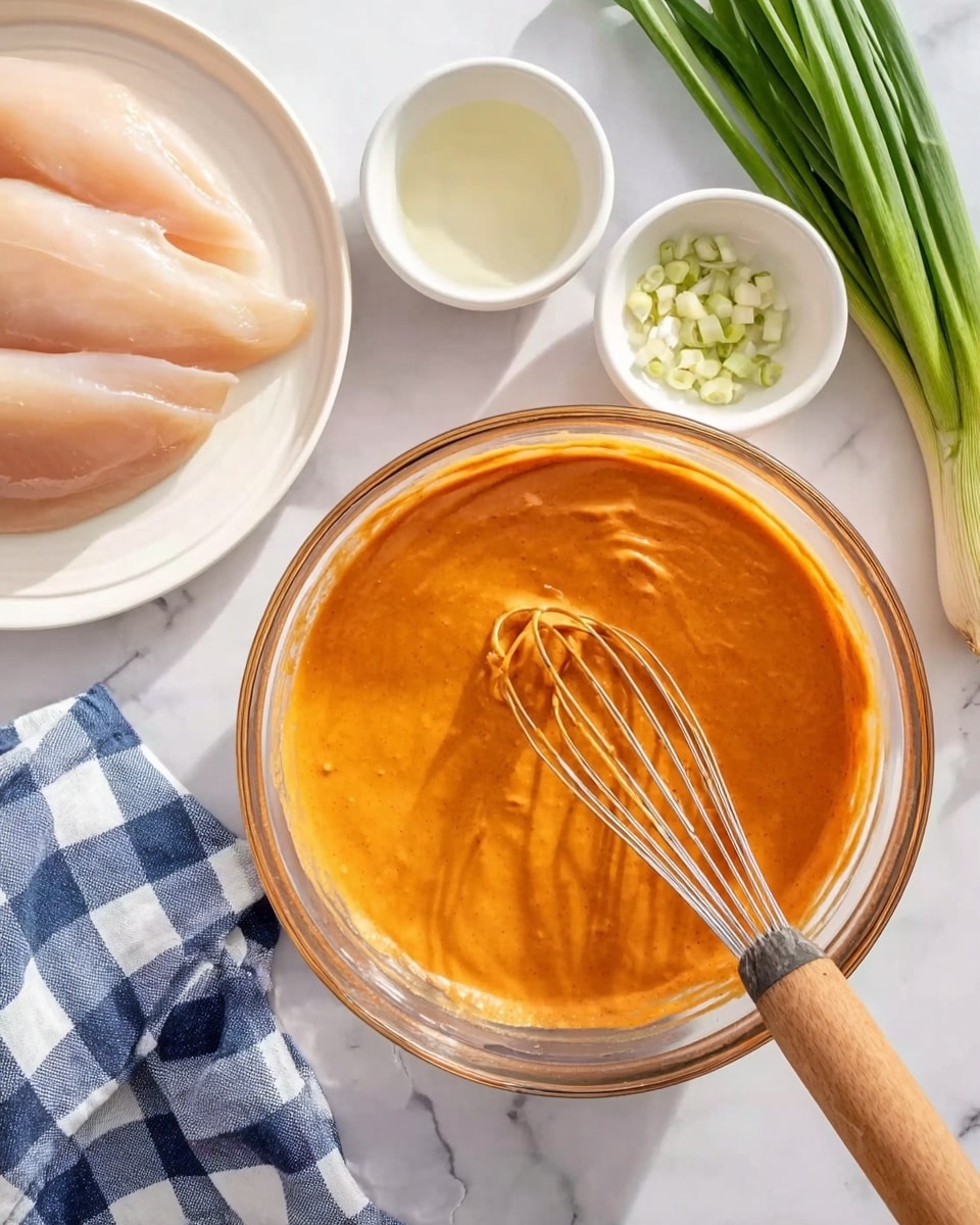 The image shows a clear glass bowl filled with thick, smooth orange sauce in the center. A whisk with a wooden handle is inside the bowl, partially covered with sauce. To the upper left, there is a white plate holding two plain pale raw chicken filets. To the upper right, there are two small white bowls, one with clear liquid and the other with minced garlic. There are fresh green onions placed diagonally from the top right corner toward the bowls. The scene is set on a white marbled surface with a blue and white checkered cloth on the lower left edge. The lighting is bright and natural. photo taken with an iphone --ar 4:5 --v 7