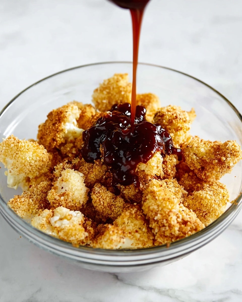 A clear glass bowl sits on a white marbled surface filled with golden brown, crispy cauliflower pieces with rough, uneven texture showing breaded coating. Dark brown sauce is being poured in the center from above, creating a glossy texture as it falls onto the cauliflower. The bowl is filled mostly with cauliflower pieces, and the sauce creates a sharp contrast with its deep, rich color. photo taken with an iphone --ar 4:5 --v 7