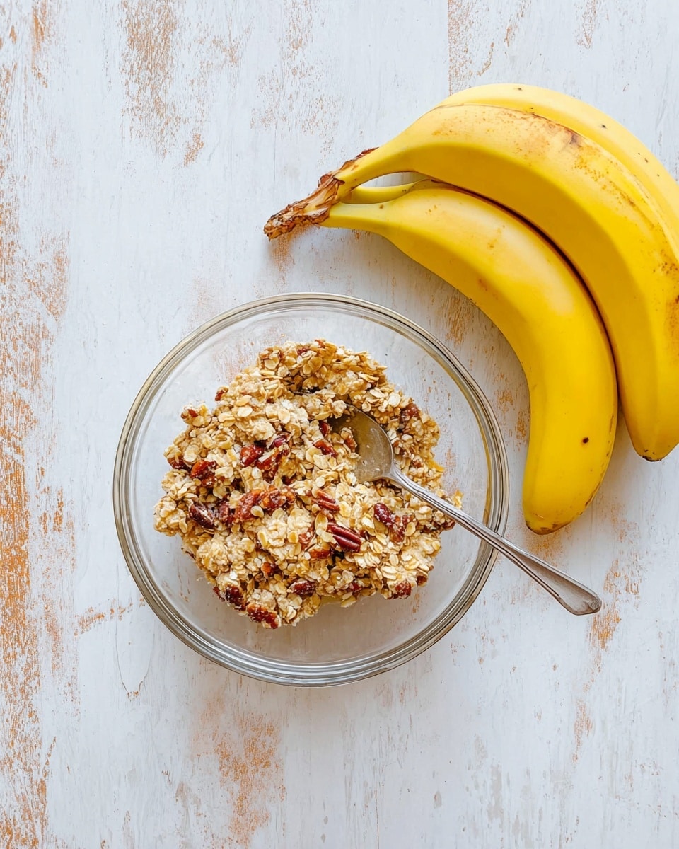 A clear glass bowl is filled with a chunky mixture of light brown oats and pecan pieces, with a spoon resting inside the bowl on the right side. Next to the bowl, on the right, there are three bright yellow bananas with some brown spots on their peel. The bowl and bananas are placed on a white marbled surface with some light brown distressed patches. photo taken with an iphone --ar 4:5 --v 7