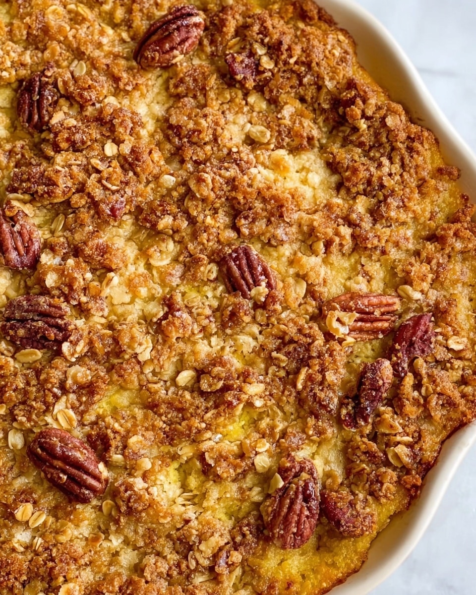 A close-up view of a golden-brown baked dish with a crunchy oat and pecan topping evenly spread across the surface. The topping shows a mix of toasted oats and halved pecans, creating a textured layer on top of a soft, slightly uneven base with warm yellow and light brown tones. The overall look is warm and inviting, with a slightly crumbly texture visible throughout. The dish is placed on a white marbled surface. photo taken with an iphone --ar 4:5 --v 7