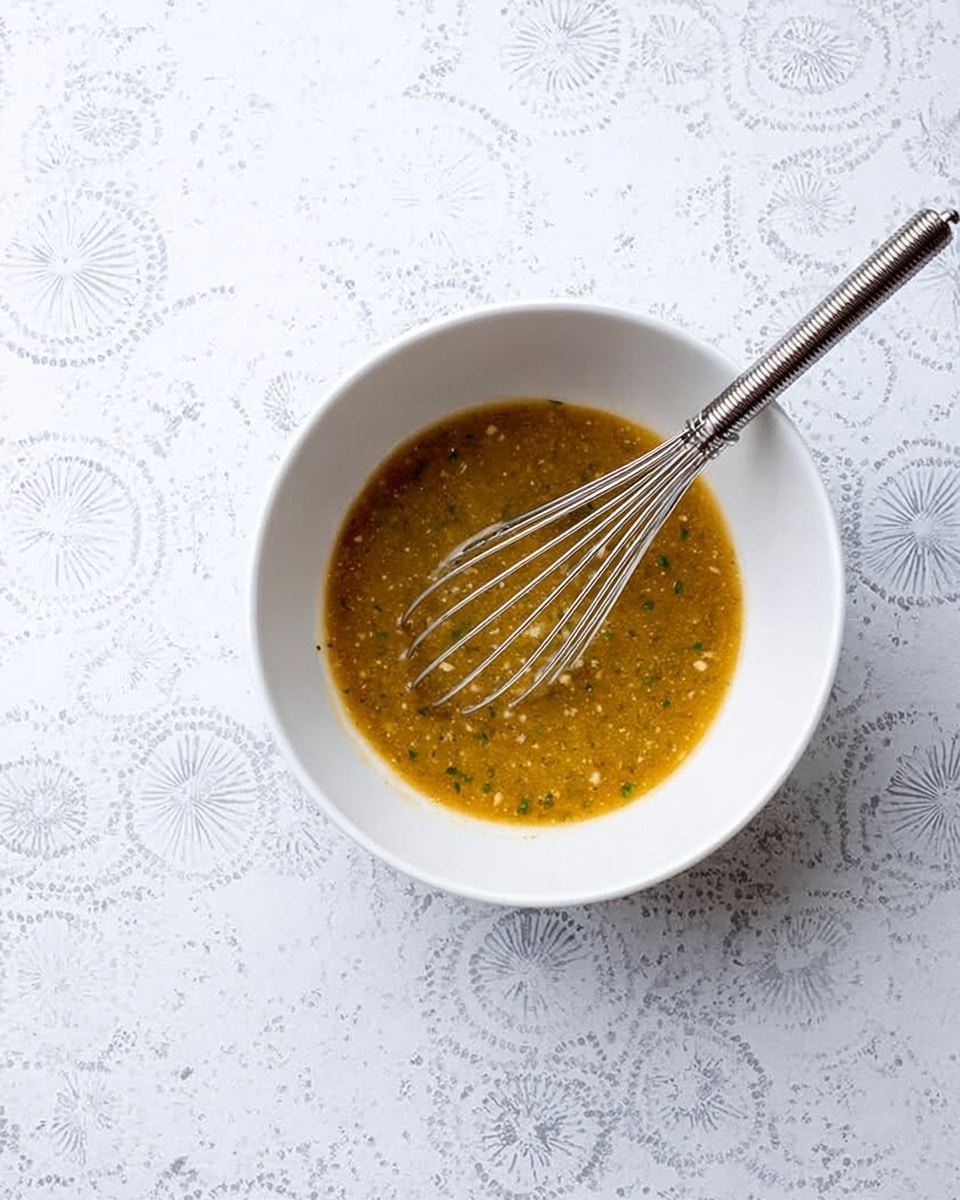 A white bowl holds a thick, golden-brown sauce with small green and beige bits scattered through it. A shiny, metal whisk with a threaded handle rests inside the bowl, partially submerged in the sauce. The bowl is placed on a white marbled textured surface with a subtle pattern of circular and floral shapes in soft gray. The lighting is bright and even, highlighting the sauce's texture and the bowl's smooth edges. photo taken with an iphone --ar 4:5 --v 7