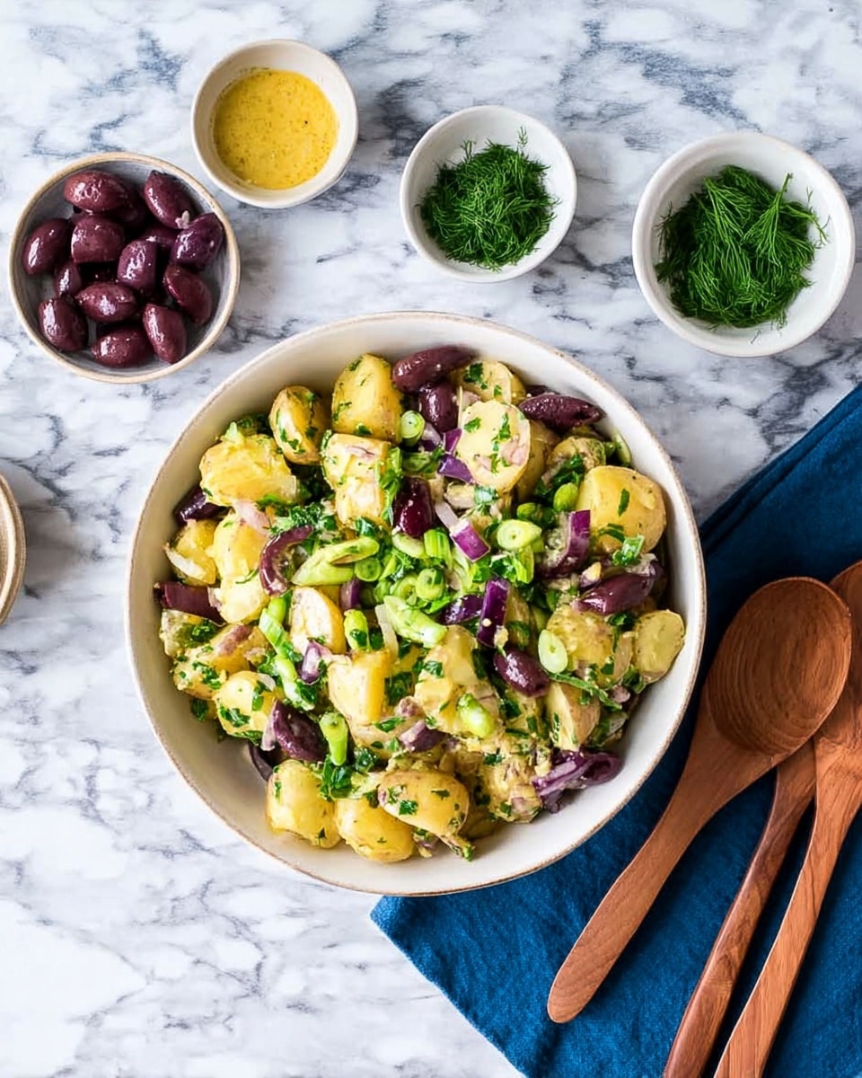 A white bowl filled with potato salad made of light yellow potato pieces mixed with dark purple olives, bright green chopped herbs, and light green sliced scallions, creating a fresh and colorful mix. Around the bowl, there are small white bowls containing dark purple olives, green chopped herbs, yellow mustard dressing, and green dill. To the right of the main bowl, wooden salad spoons rest on a dark blue cloth napkin. All items are placed on a white marbled surface with subtle gray patterns. photo taken with an iphone --ar 4:5 --v 7