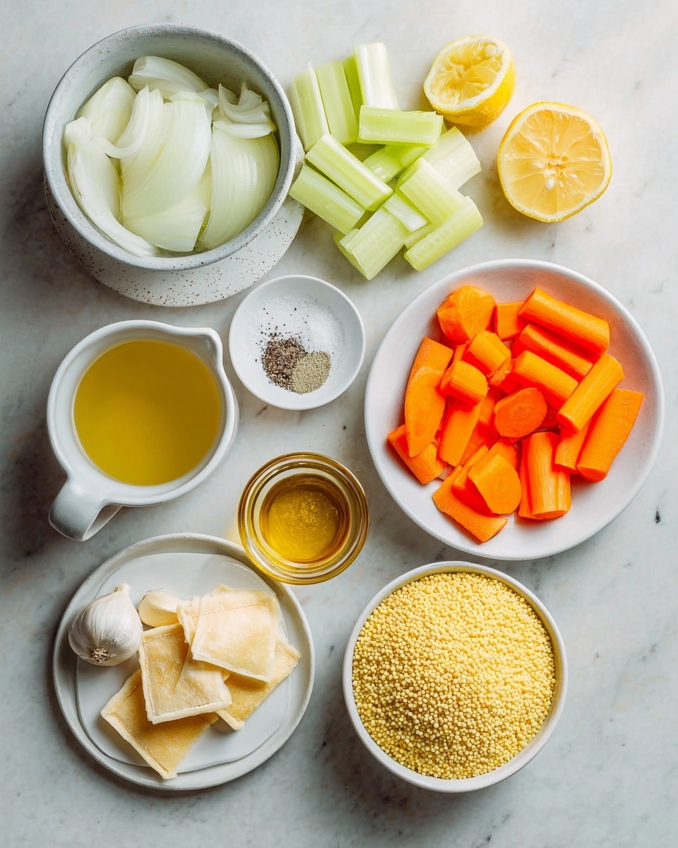 The image shows an arrangement of ingredients on a white marbled surface, each placed in small white or clear bowls. From top left, there is a bowl with white sliced onion, next to it a bowl with pale green celery sticks. Below, a white bowl holds bright orange carrot chunks. To the right of the carrots is a small white dish with black pepper and salt. In the center left, a grayish white cup contains light yellow broth. Below that is a small amber glass bowl holding whole garlic cloves. Toward the bottom, a white plate has two pale yellow pieces of dried pasta or bread. A tiny white pitcher holds golden olive oil, and beside it is a round bowl filled with yellow millet or couscous. At the bottom right, there are two halves of a yellow lemon. The composition is viewed from above, with soft natural light and the objects evenly spaced. Photo taken with an iphone --ar 4:5 --v 7