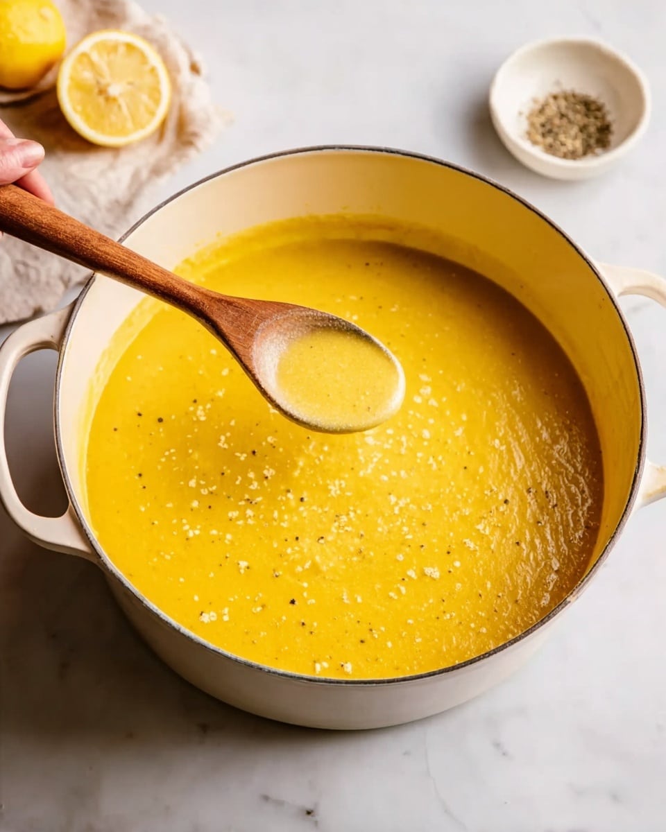 The image shows a creamy, smooth yellow soup in a white pot on a white marbled surface. The soup has a thick texture with small bits floating on top, representing grains or small pieces. A wooden spoon is held by a woman's hand, dipping into the soup and lifting a spoonful. In the background, there is a halved lemon and a small white dish with black pepper. The colors are warm and inviting, with the bright yellow soup contrasting with the clean white pot and surface. photo taken with an iphone --ar 4:5 --v 7