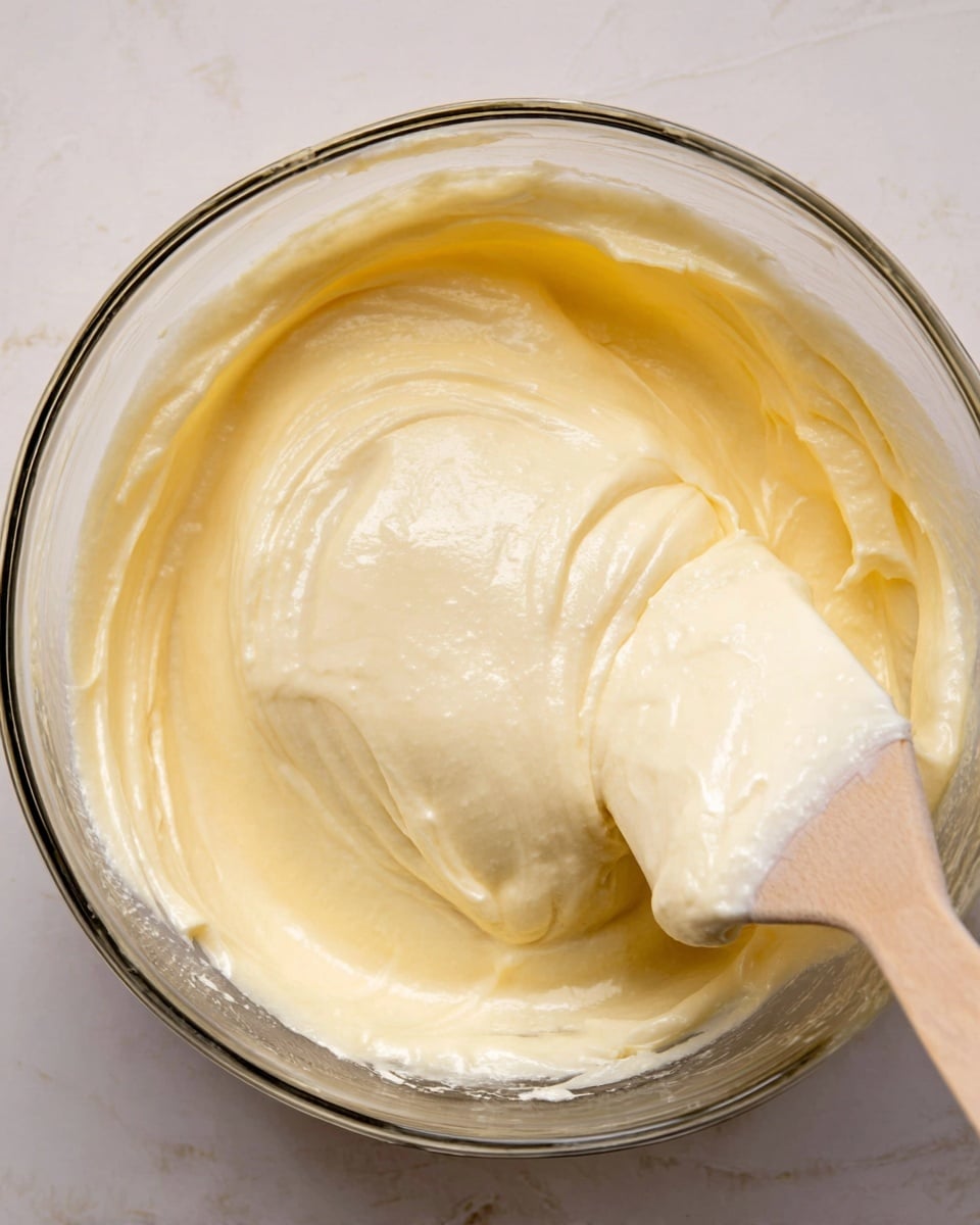 Inside a clear glass bowl, a thick, creamy mixture of pale yellow color fills the space with a smooth, soft texture. The mixture has a few gentle folds and light air bubbles on the surface, showing it was just stirred. A light wooden spatula with a flat edge is partially dipped into the creamy mixture, lifting some of it up. The background shows a white marbled texture. photo taken with an iphone --ar 4:5 --v 7