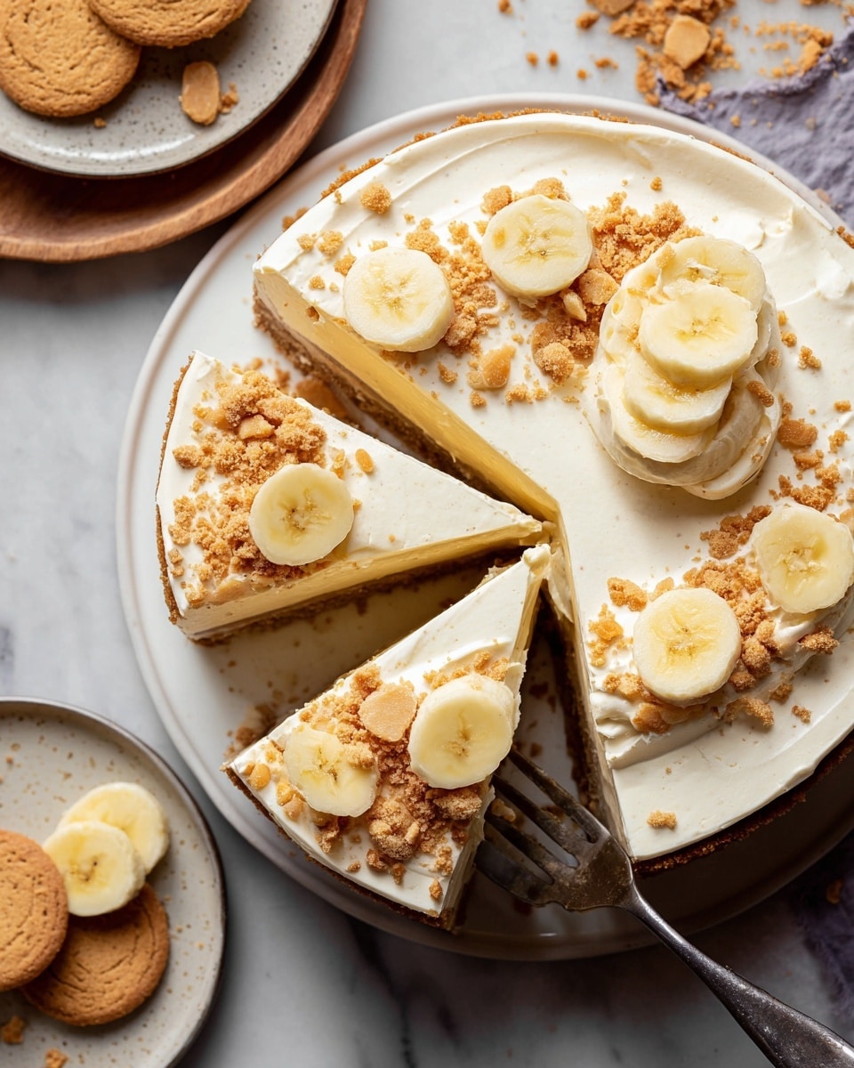 The image shows a round pie with four visible slices on a white plate with a white marbled surface below. The pie has a thick light brown crust at the bottom, followed by a smooth pale yellow layer. On top, there is a thick, creamy white layer with a soft texture. Each slice is decorated with banana slices and crushed light brown cookie crumbs scattered over the creamy top. There is a fork piercing one slice near the center, and on the side, a small plate holds a few fresh banana slices, while another plate contains some round, golden brown cookies. Photo taken with an iphone --ar 4:5 --v 7
