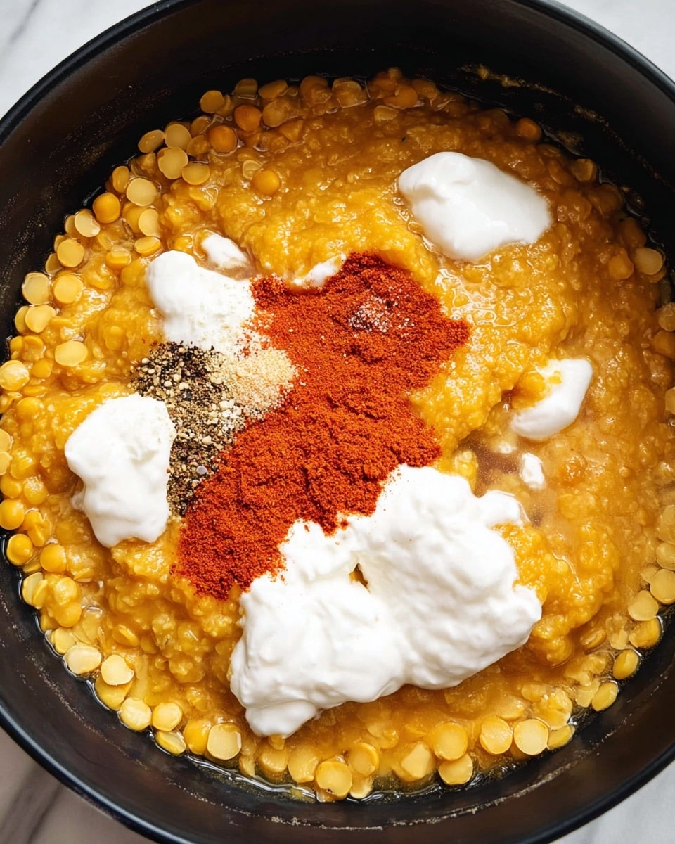 The image shows a close-up of a black bowl filled with dry yellow split peas at the bottom layer. On top of this is a thick, yellowish-orange mixture covering most of the peas. Scattered across the surface are small piles of reddish-orange paprika powder and black pepper. There are also dollops of white sour cream placed unevenly on the mixture, with one large dollop near the center and several smaller ones around it. The bowl rests on a white marbled surface. Photo taken with an iphone --ar 4:5 --v 7