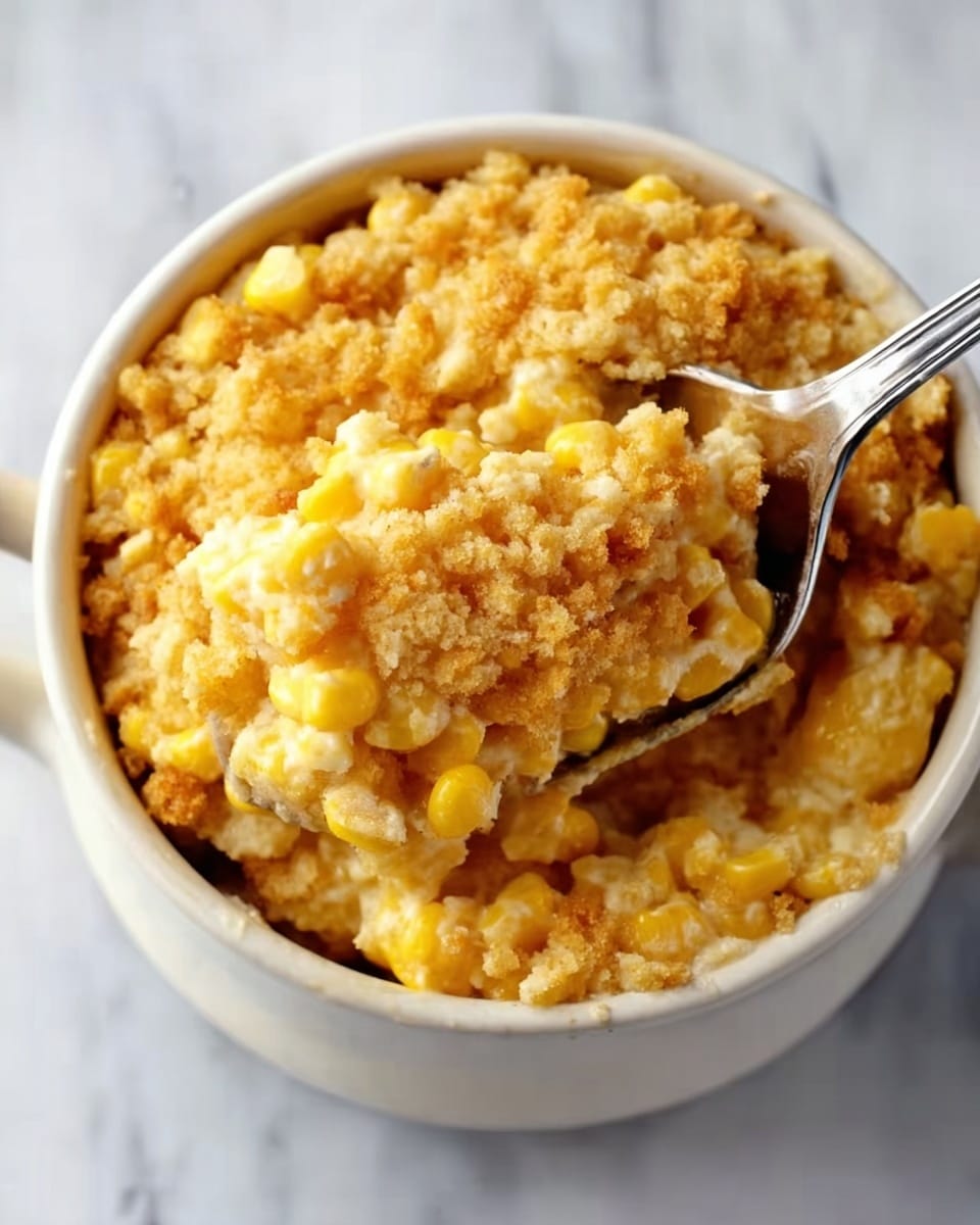 The image shows a white ceramic bowl filled with a layered corn dish. The bottom layer has soft yellow corn kernels mixed lightly with a creamy texture. On top is a thick, crumbly layer of golden-brown biscuit or crumble topping, which looks lightly baked and crispy. A silver spoon rests inside the bowl, digging into the middle, showing the mix of corn and crumb layers. The bowl sits on a white marbled surface. The lighting is soft, highlighting the warm yellow and golden tones of the dish photo taken with an iphone --ar 4:5 --v 7