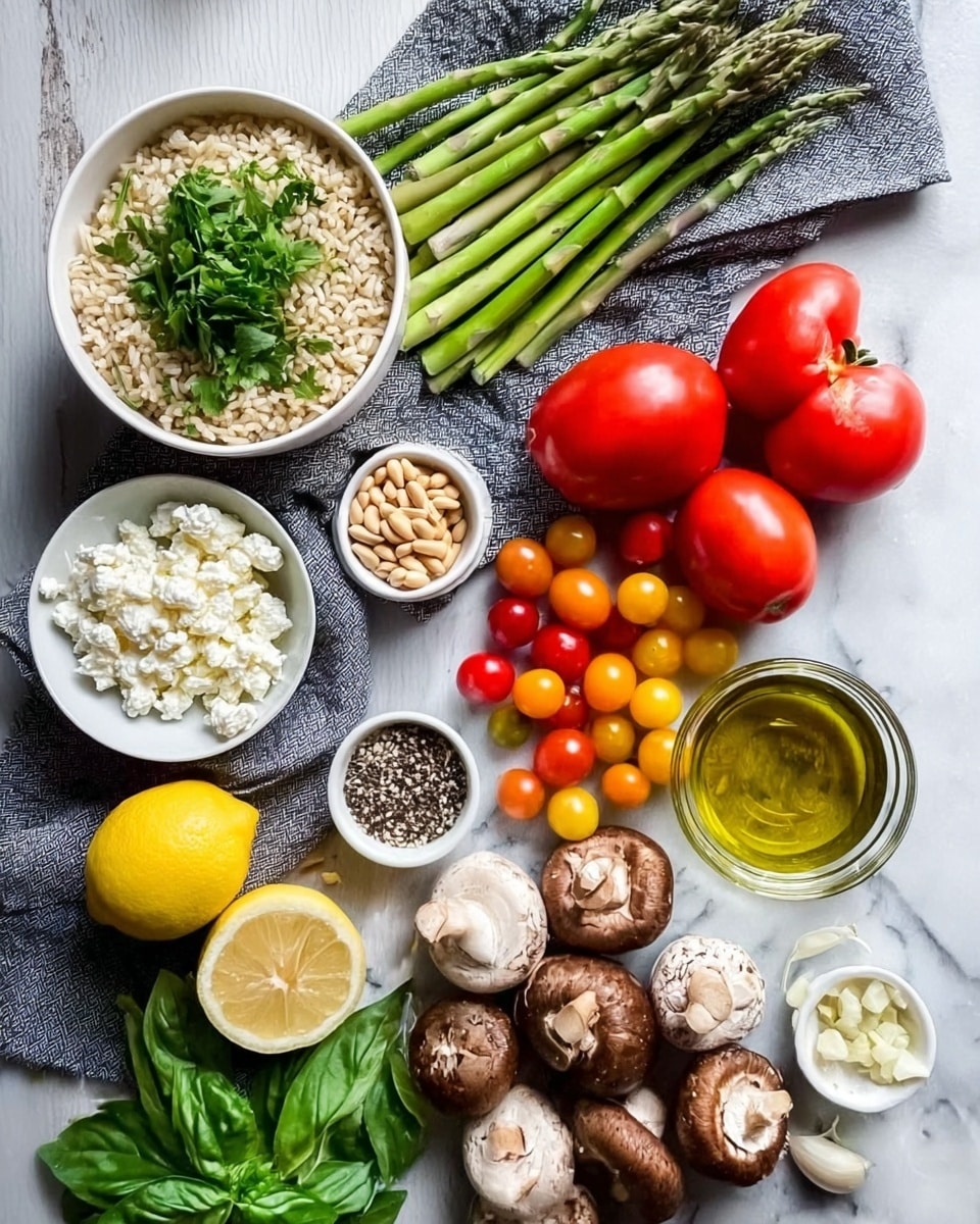 The image shows a top view of various fresh ingredients neatly arranged on a white marbled surface. On the left, a white bowl filled with brown rice topped with fresh green coriander leaves sits next to a bunch of green asparagus laid on a gray cloth. Below them, vine-ripened red tomatoes and two lemon halves are placed. Moving right, a cluster of small colorful cherry tomatoes in yellow, orange, and red hues is scattered between a small bowl of pine nuts and a small white dish of ground black pepper. Below these, several whole brown mushrooms are placed near a glass bowl filled with golden olive oil. A small glass bowl with finely chopped garlic and shallots rests beside fresh green basil leaves spread on the surface. At the bottom left corner, another white bowl contains crumbled feta cheese alongside a few loose cherry tomatoes. photo taken with an iphone --ar 4:5 --v 7