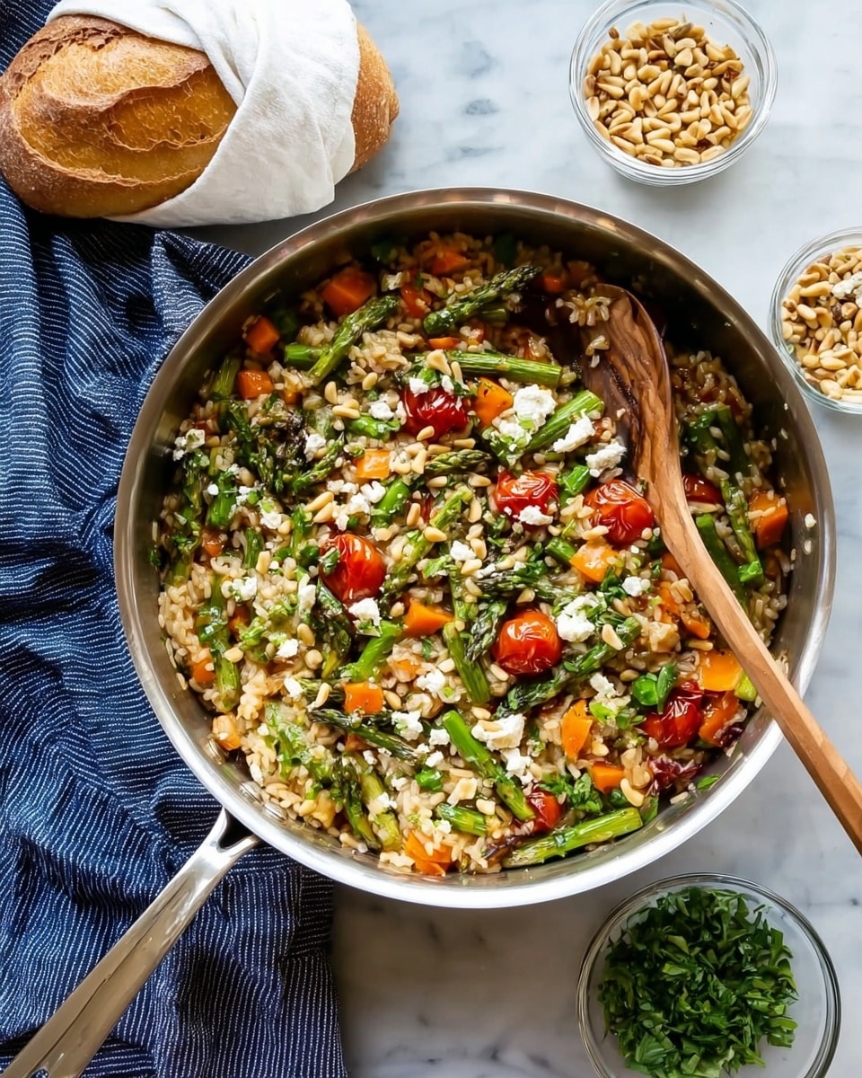A metal pan filled with a mixed vegetable and grain dish sits on a white marbled surface. Inside the pan, there are two main layers: a base layer of cooked rice mixed with small pieces of asparagus, diced bright orange carrots, and halved red cherry tomatoes paired with visible green herbs. On top, there are scattered toasted pine nuts and crumbled white cheese adding texture and brightness. A wooden spoon rests inside the pan, showing movement in the food. Around the pan, two small clear bowls with toasted pine nuts and chopped green herbs can be seen. A striped blue cloth and a loaf of bread wrapped in a white cloth are placed nearby. Photo taken with an iphone --ar 4:5 --v 7