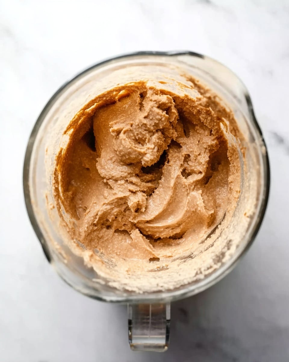 The image shows a close-up view inside a clear glass blender filled with a thick, light brown mixture that looks creamy and textured. The mixture nearly fills the blender, with some uneven scoops and swirls visible on the top layer. The blender sits on a white marbled surface, and the lighting highlights the smooth, dense texture of the blended contents. Photo taken with an iphone --ar 4:5 --v 7