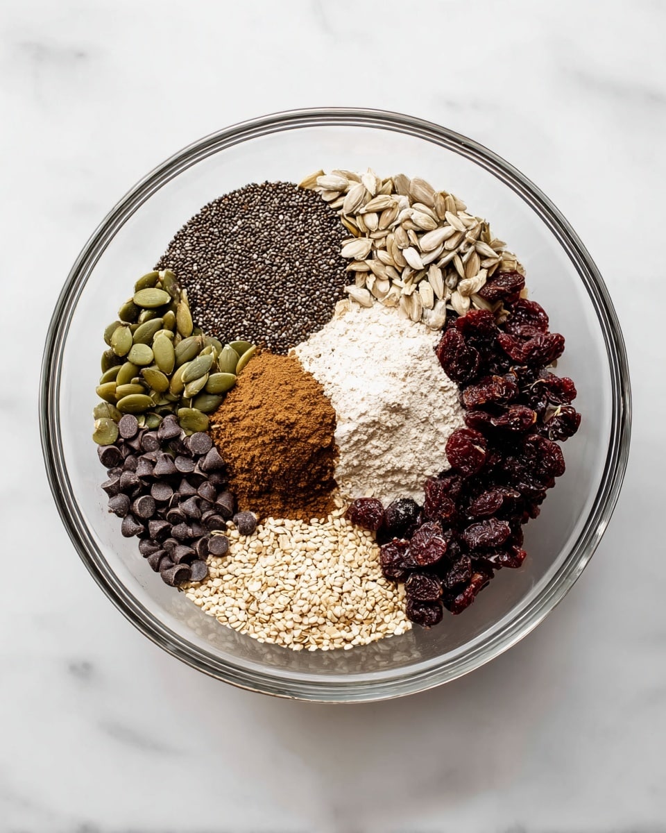 A clear glass bowl sits on a white marbled surface, filled with eight separate layers of ingredients arranged side by side. Starting from the top left, there are small dark chia seeds forming a round section, next to light brown sunflower seeds on the top right. Below the chia seeds to the left, there are green pumpkin seeds, followed by dark chocolate chips in the bottom left section. In the center, there is a white powder and a mound of brown cinnamon powder overlapping it. The bottom center holds light beige sesame seeds, and on the bottom right are dark red dried cranberries. All the sections sit neatly on top of a layer of pale rolled oats visible underneath the seeds and chips layer. photo taken with an iphone --ar 4:5 --v 7