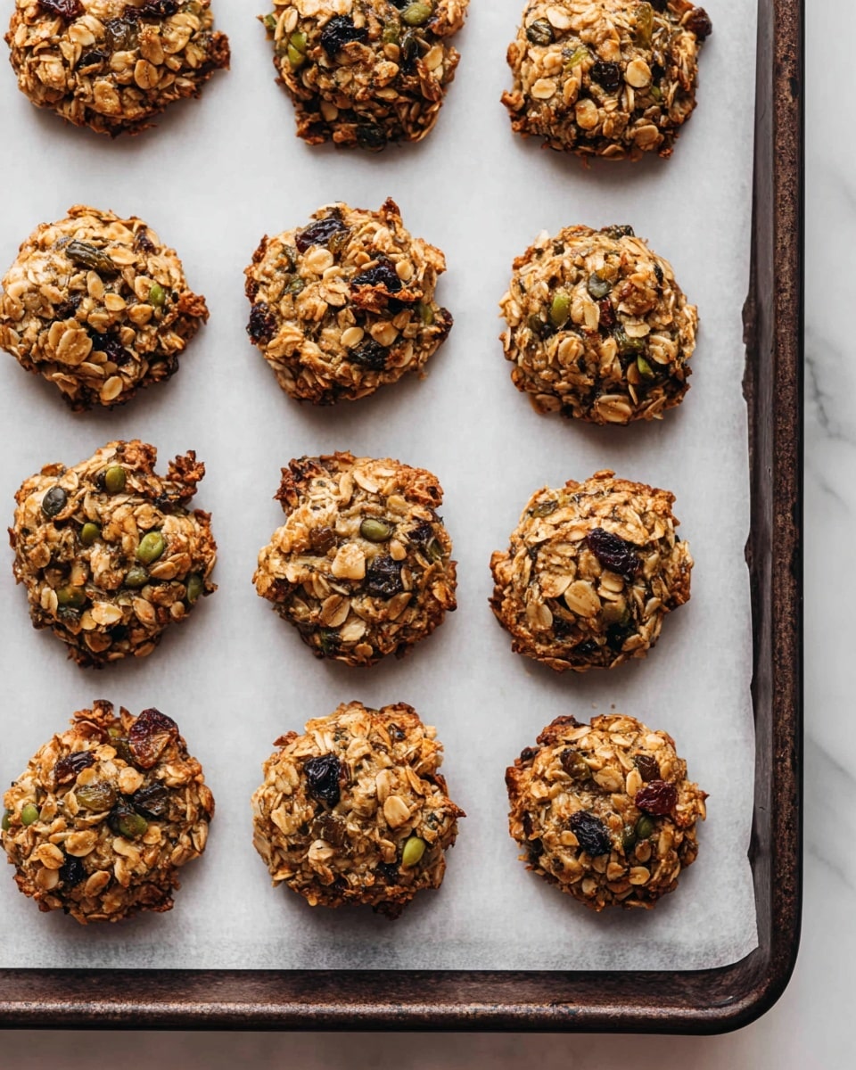 Twelve small, round, golden-brown oatmeal cookies with a rough texture are arranged in four rows on a white parchment paper lining a dark baking tray. The cookies show visible chunks of nuts, seeds, and dark dried fruit, giving them a mixed color of light brown, tan, dark green, and deep purple. The cookies have an uneven, chunky surface, showing a dense, chewy look. The tray is placed on a white marbled texture background. photo taken with an iphone --ar 4:5 --v 7