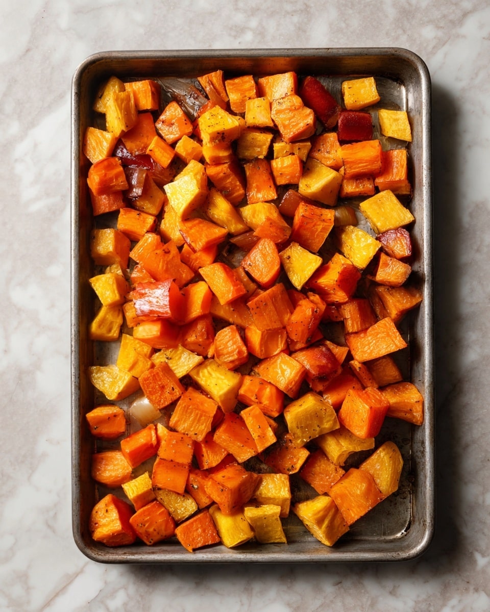 The image shows a metal baking tray filled with roasted cubed vegetables in different shades of orange and yellow. The cubes are uneven in size but evenly spread in one layer, and they have a slightly shiny, cooked texture from oil or roasting. The tray sits on a white marbled surface with soft natural light from above, highlighting the warm colors and slight crisp edges of the cubes. photo taken with an iphone --ar 4:5 --v 7