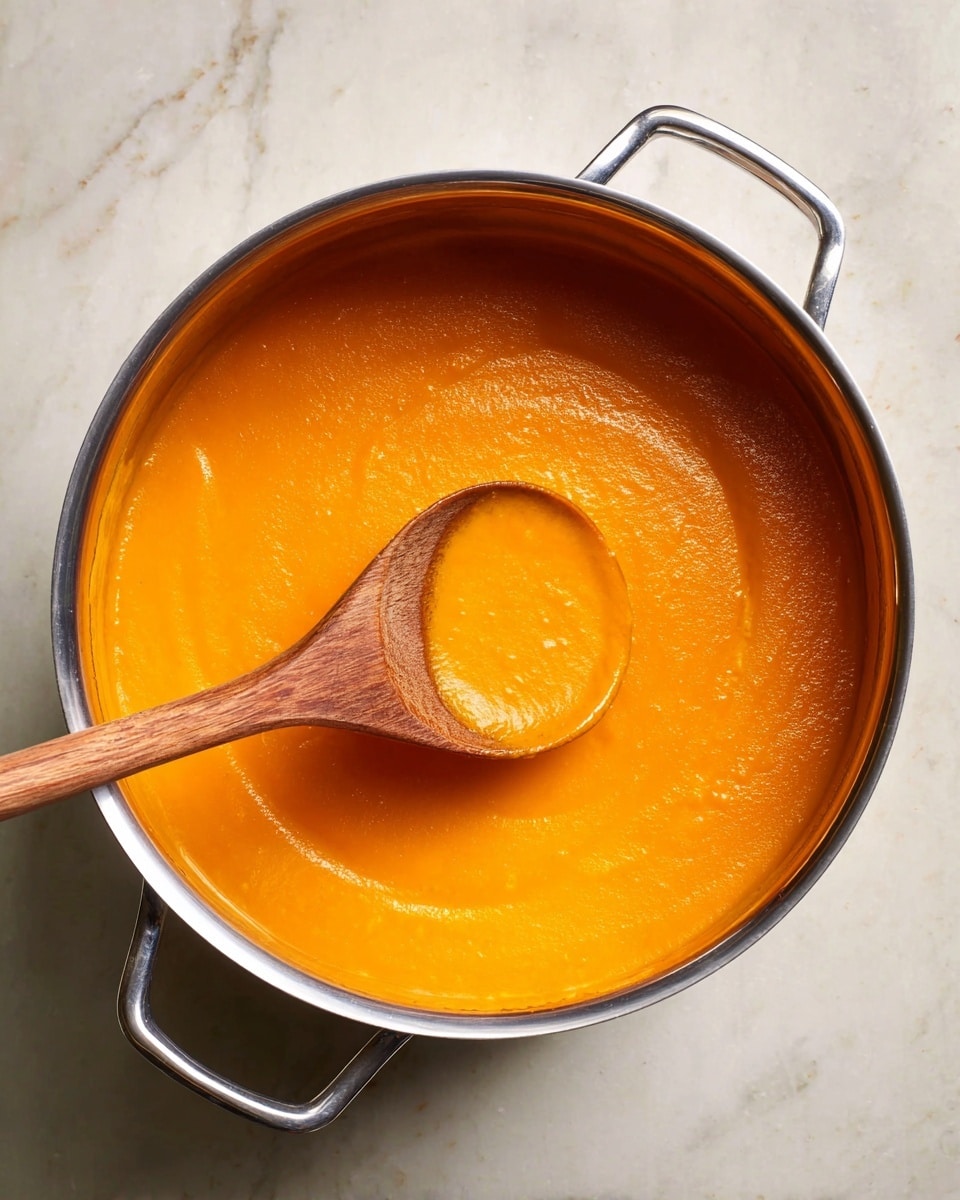 A metal pot filled with smooth, bright orange soup that has a creamy texture. A wooden spoon rests inside the pot, partially lifted with soup visible on the spoon. The liquid soup shows slight ripples and thickness, and the pot has two metal handles on the sides. The pot is placed on a white marbled surface. Photo taken with an iphone --ar 4:5 --v 7