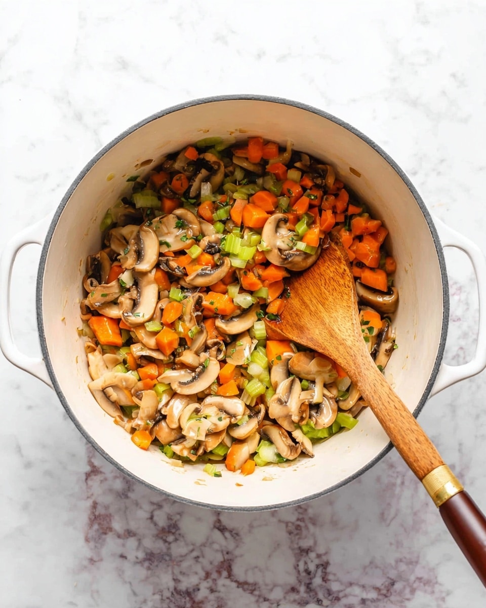A white pot is filled with a mix of cooked vegetables including light brown mushroom slices, bright orange carrot pieces, and green celery slices, all mixed with small bits of translucent onion. A wooden spoon with a brown handle and a golden tip rests inside the pot, partially covered by the vegetables. The pot is placed on a white marbled surface with grey and light purple veins. photo taken with an iphone --ar 4:5 --v 7