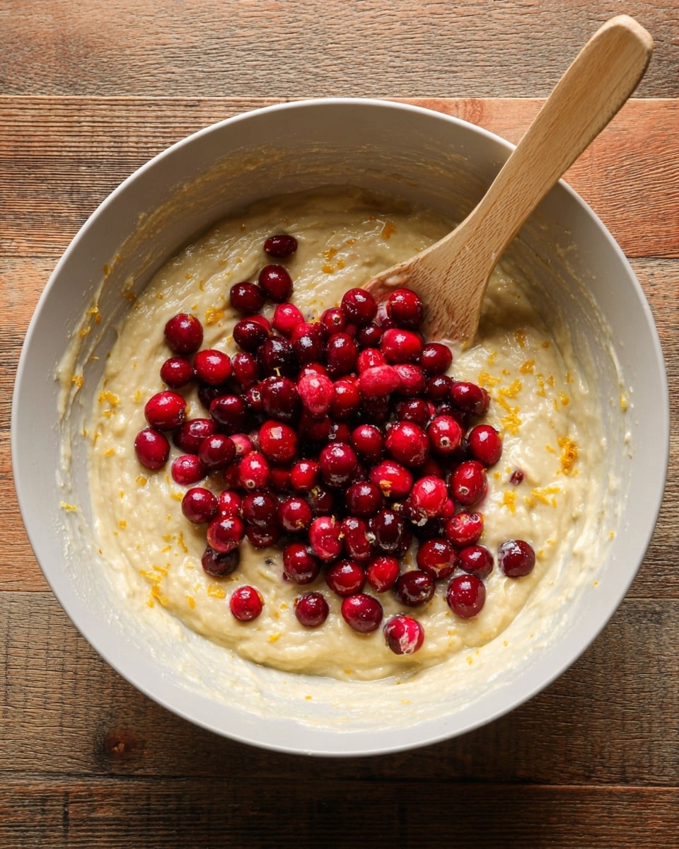 A large white bowl sits on a wooden surface, filled with thick, pale yellow batter that has small bits of orange zest mixed in. On top of the batter, there is a pile of bright red cranberries, some shiny and full, scattered in the center. A wooden spoon with a smooth handle rests inside the bowl, partially covered with the batter. The overall look is fresh and ready for mixing, with natural colors and textures clear in the image. photo taken with an iphone --ar 4:5 --v 7