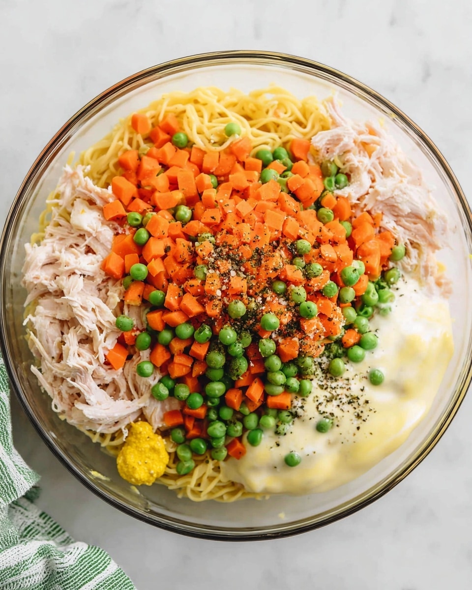 A clear glass bowl filled with many layers of ingredients placed on a white marbled surface: the bottom layer is light yellow cooked noodles, followed by shredded light pink cooked chicken meat spread evenly around. Above that, there is a thick pale yellow creamy sauce on one side and a white creamy sauce on the other side. On top, there is a large pile of bright orange diced carrots mixed with vibrant green peas in the middle, sprinkled with coarse black pepper and white salt in the center. A small dollop of yellow mustard is also visible near the left side of the vegetables. A woman's hand with green and white striped cloth is partly seen at the bottom right corner. photo taken with an iphone --ar 4:5 --v 7