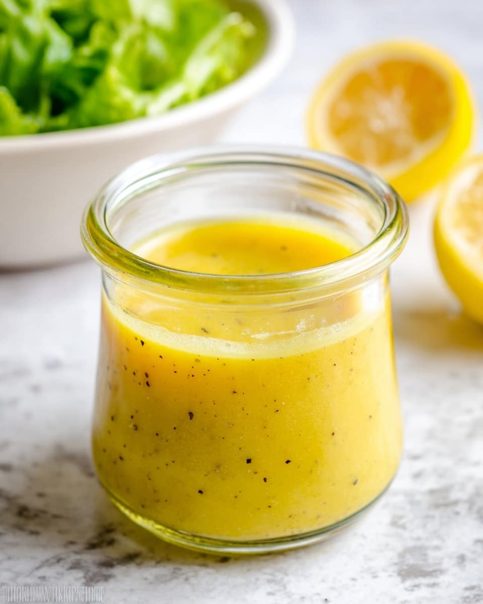 A small clear glass jar filled almost to the top with a smooth, bright yellow sauce that has tiny black pepper-like specks scattered throughout. The jar sits on a white marbled surface, with a few blurry fresh green lettuce leaves in a white bowl in the background on the left side and two halves of a lemon, one whole and one cut, out of focus in the background on the right side. The sauce inside the jar shows a slight shine from the light, making it look fresh and thick. Photo taken with an iphone --ar 4:5 --v 7