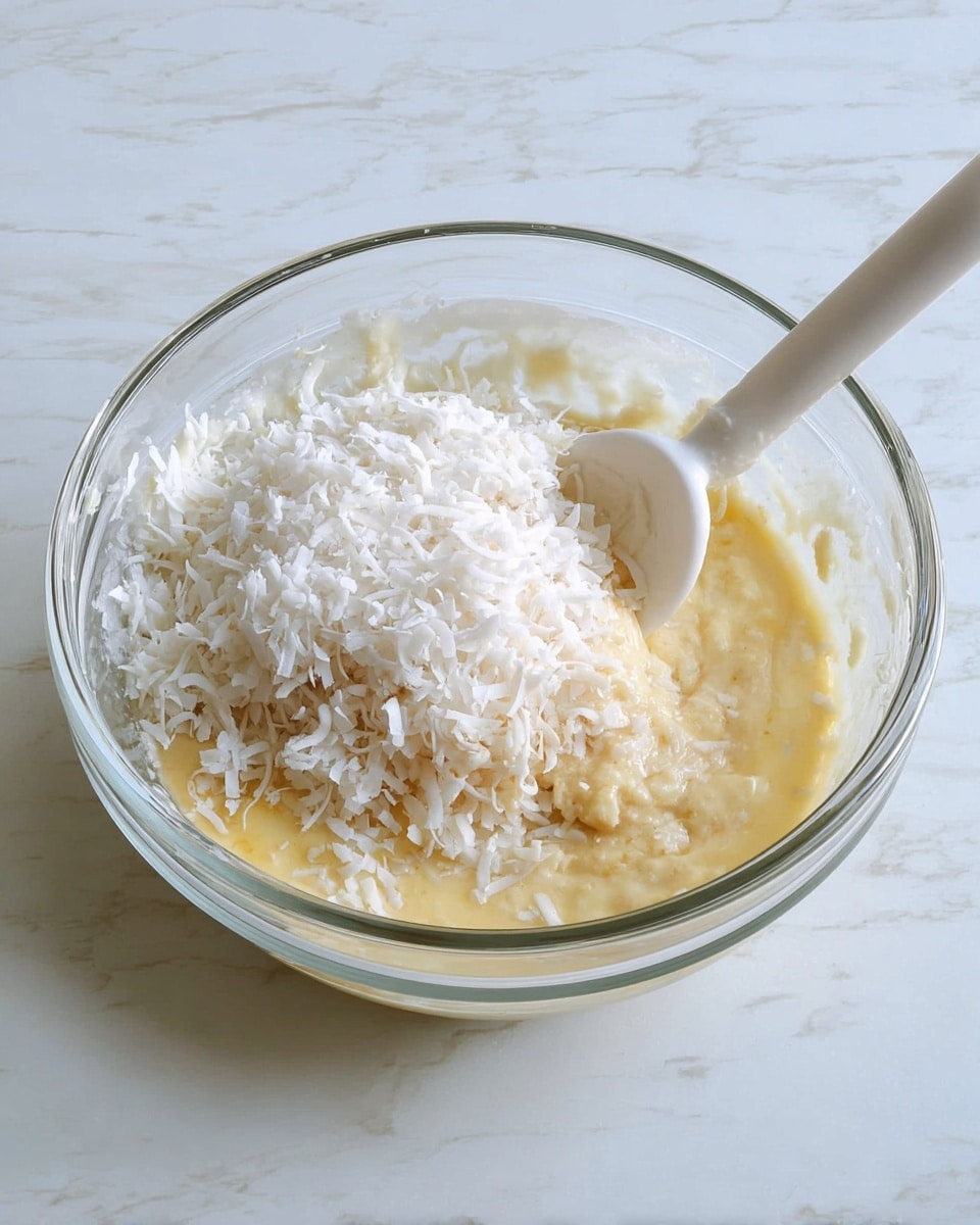A clear glass bowl holds a mixture with two visible layers: a thick pale yellow creamy base on the bottom and a top layer of white shredded coconut. A white spatula is placed inside the bowl, partially submerged in the ingredients. The bowl is on a white marbled surface with soft natural lighting. photo taken with an iphone --ar 4:5 --v 7