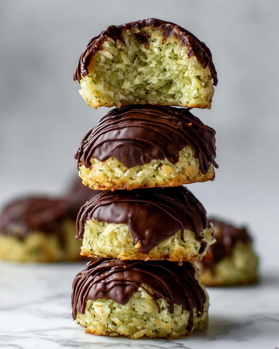 A stack of four round coconut treats is shown on a white marbled surface, with the top treat cut in half to reveal the inside. Each treat has a textured, light yellow-green coconut layer that looks moist and fibrous. The bottom half of each treat is coated in smooth, dark chocolate, with dark chocolate drizzled on the top in thin lines. The treats are piled one on top of the other, creating a visually appealing tower. Photo taken with an iphone --ar 4:5 --v 7