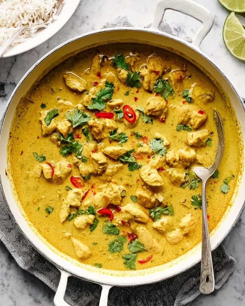 A white pan filled with a thick yellow curry that has many small pieces of cooked chicken and some red chili slices mixed in. The curry is creamy with a smooth texture, and it is topped with fresh green cilantro leaves scattered across the surface. A silver spoon is placed on the right side inside the pan. The pan is resting on a white marbled surface with a gray cloth napkin beneath the handle, and a white plate with some white rice is partially visible in the top left corner. There is a slice of lime in the top right corner. Photo taken with an iphone --ar 4:5 --v 7