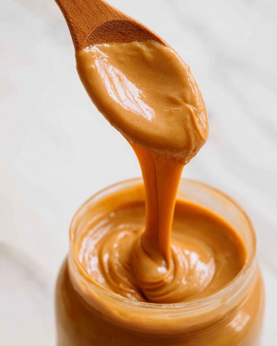 The image shows a close-up of a glass jar filled with smooth, creamy peanut butter that has a rich golden-brown color and shiny texture. A wooden spoon is lifted above the jar, holding a thick, flowing dollop of peanut butter that stretches down towards the jar, showing a silky and sticky consistency. The background has a white marbled texture, emphasizing the warm color of the peanut butter and the natural wood color of the spoon. photo taken with an iphone --ar 4:5 --v 7