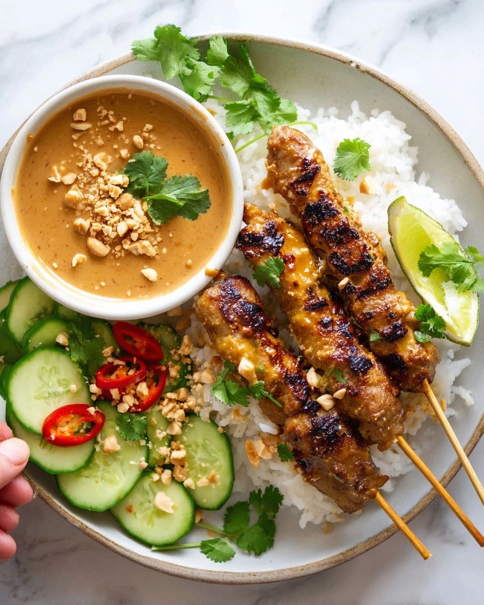 The image shows a white plate on a white marbled surface filled with a meal consisting of three grilled meat skewers with a golden-brown char, placed on a bed of white rice. To the left side of the plate is a small white bowl filled with a light brown peanut sauce garnished with crushed peanuts and a piece of cilantro. A woman's hand is holding one skewer dipping it into the sauce. Below the bowl, sliced green cucumbers with chili slices and crushed peanuts are arranged on the plate. The dish is decorated with cilantro leaves and a lime wedge on the right edge of the plate, adding fresh green color accents. Photo taken with an iphone --ar 4:5 --v 7