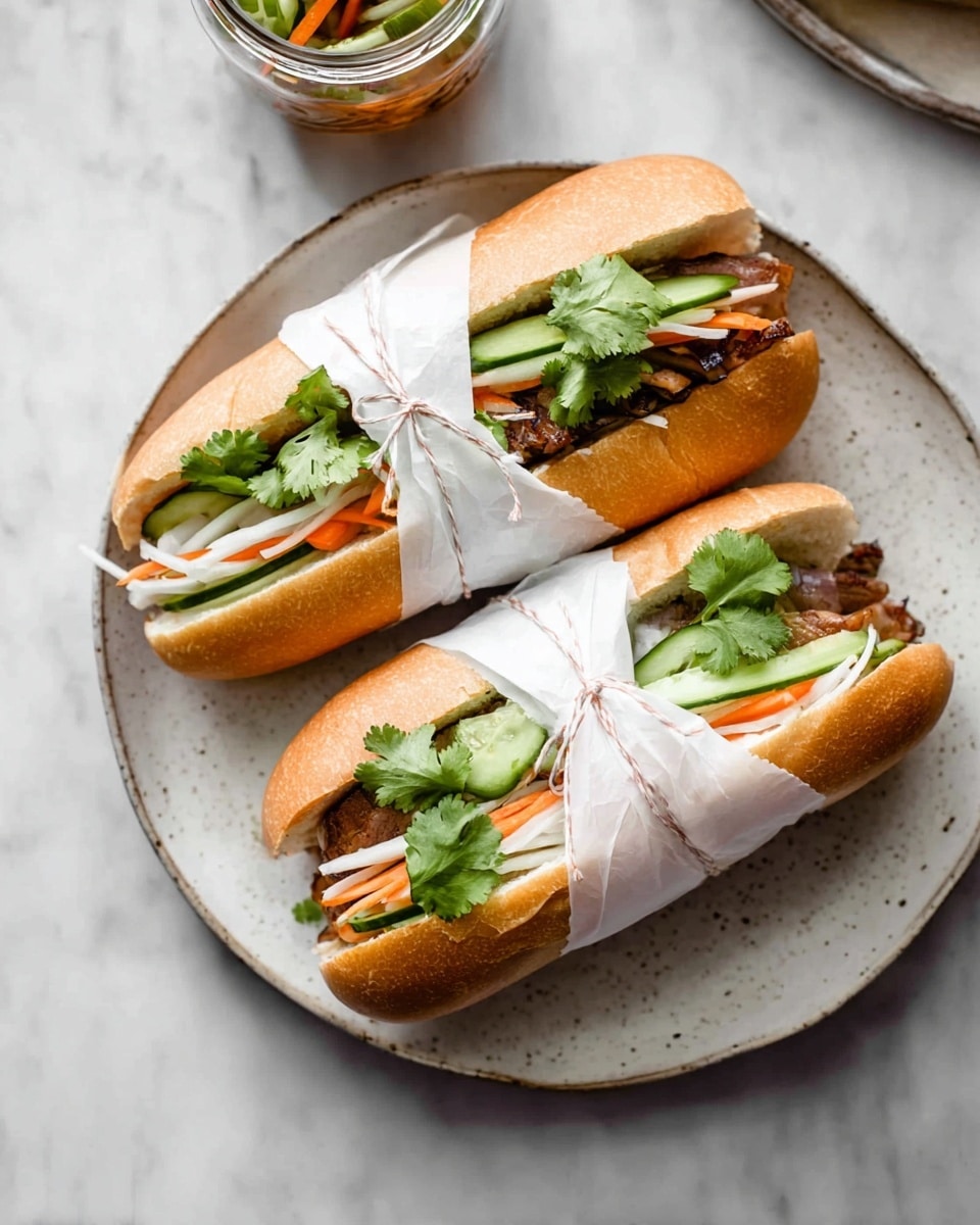 Two sandwiches are placed side by side on a white plate with a speckled texture. Each sandwich has three layers starting with a light brown, soft bun on top and bottom. Inside, there is a layer of grilled meat with a slightly charred texture, followed by thin strips of white and orange pickled vegetables. On top of the vegetables are fresh green cucumber slices and a sprig of cilantro. Both sandwiches are partly wrapped with white parchment paper tied neatly with white string around the middle. The scene is set on a white marbled surface with a glass jar filled with pickled vegetables in the upper left background. Photo taken with an iphone --ar 4:5 --v 7