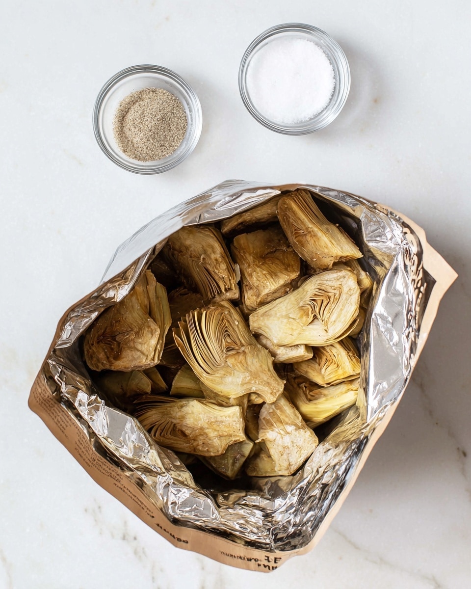 An open bag filled with pale yellow and light brown dried artichoke hearts showing different layers of their fibrous texture sits on a white marbled surface. Above the bag, there are two small clear glass bowls; one contains coarse light gray ground pepper and the other holds fine off-white salt crystals. The bag has a shiny silver inside lining and a partially visible dark brown and black exterior with text. Photo taken with an iphone --ar 4:5 --v 7