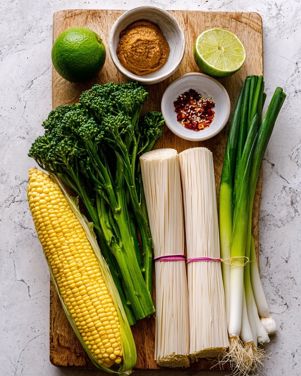 The image shows a wooden cutting board on a white marbled surface holding fresh ingredients arranged neatly. There is a whole lime placed near the top center. Below the lime, bright green broccolini stalks lie next to two bundles of long, thin white noodles tied with pink paper bands. To the right side, there are several green onions with white bulbs and green tops. On the left side of the board, there is a bright yellow corn cob at the bottom and two small white bowls at the top; one bowl contains a brown paste, and the other has sesame seeds with red chili flakes and oil. photo taken with an iphone --ar 4:5 --v 7