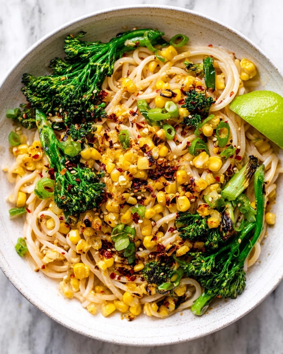 A white bowl filled with a bed of thin, light-colored noodles twisted in the center, topped with bright yellow grilled corn kernels scattered all over. There are vibrant green broccolini pieces placed around the noodles, adding a fresh look. Small pieces of grilled green onions mixed with the corn add darker yellow-brown tones. A sprinkle of red chili flakes and sesame seeds is visible on top, giving a spicy touch. A quarter slice of lime with a fresh green-yellow hue is placed on the bowl's edge. The bowl rests on a white marbled surface. photo taken with an iphone --ar 4:5 --v 7