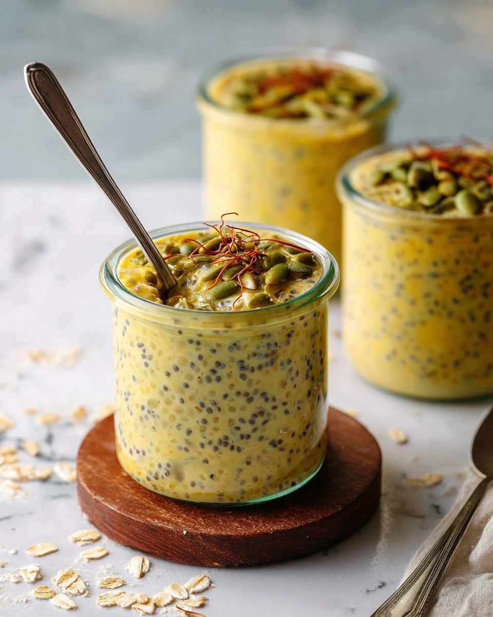 The image shows three clear glass jars filled with a creamy yellow mix that has small black chia seeds spread evenly throughout. Each jar is topped with a layer of green pumpkin seeds and a few thin reddish strands, adding texture and color on top. The jar in front rests on a small round dark wooden board on a white marbled surface, with some oats scattered around it. A metal spoon is placed inside the front jar, slightly lifting some of the mixture and seeds. The background is softly blurred, keeping attention on the jars. photo taken with an iphone --ar 4:5 --v 7