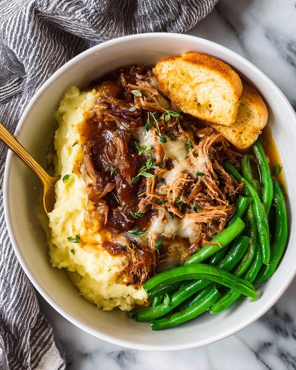 A white bowl holds a layered dish with creamy pale yellow mashed potatoes forming the base on the left side, topped partially with rich brown caramelized onions and tender shredded meat that has melted light brown cheese over it, garnished with small green herb sprigs. To the right of this is a pile of bright green, glossy cooked green beans. Two slices of toasted bread with a golden crust rest on top near the mashed potatoes and green beans. A gold-colored spoon is partially submerged on the left side of the dish. The bowl sits on a white marbled surface with a gray and white striped cloth draped nearby. photo taken with an iphone --ar 4:5 --v 7