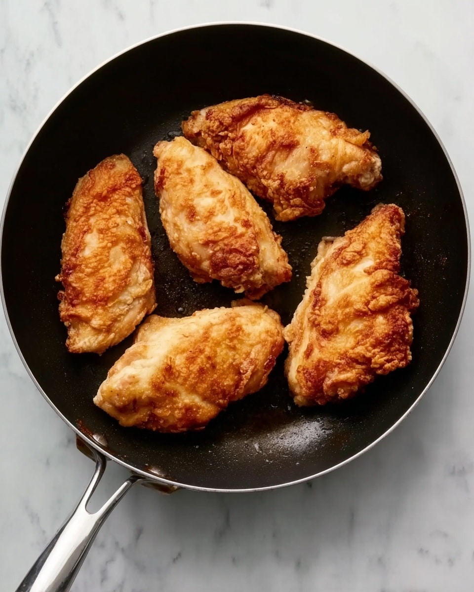 Four pieces of golden brown fried chicken are placed in a black frying pan with a silver handle. The chicken pieces have a crispy texture and are spread out evenly inside the pan. The pan sits on a white marbled surface which contrasts with the dark pan and bright chicken. The golden color of the chicken shows a well-cooked, slightly crunchy outside layer. photo taken with an iphone --ar 4:5 --v 7