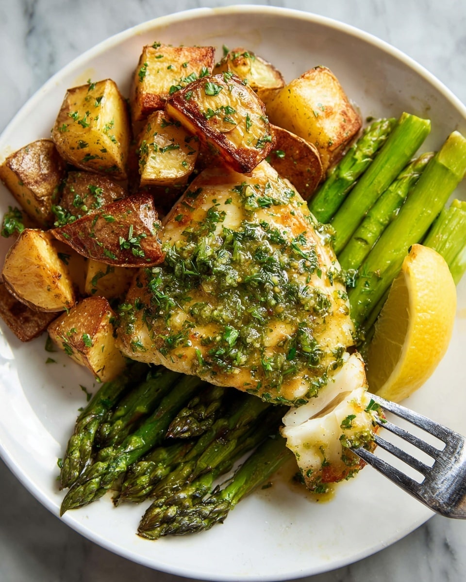 A white plate sits on a white marbled surface holding a dish with three main layers. At the bottom are several bright green asparagus stalks arranged horizontally. On top of the asparagus, in the center, there is a piece of golden-brown fish covered with a light green herb sauce that has a slightly shiny texture. Around the fish, on the upper part of the plate, there are thick, crispy roasted potato cubes, golden with browned edges and sprinkled lightly with green herbs. A lemon wedge sits underneath the fish, with its bright yellow color visible. A fork is positioned on the right side of the plate, holding a small piece of the fish. photo taken with an iphone --ar 4:5 --v 7
