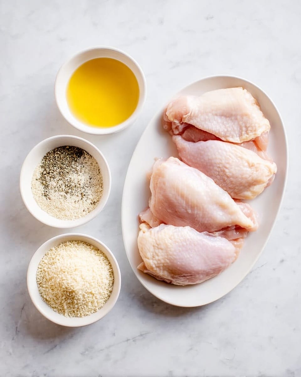 This image shows four raw pink chicken pieces neatly arranged on a white oval plate on the right side of the frame. To the left, four small white bowls hold different ingredients: the top bowl has a mixture of white and black herbs, below it is a bowl with yellow melted butter, next is a bowl with a light brown powder resembling seasoning, and the bottom bowl is filled with fine, off-white panko breadcrumbs. All items are placed on a white marbled surface. Photo taken with an iphone --ar 4:5 --v 7