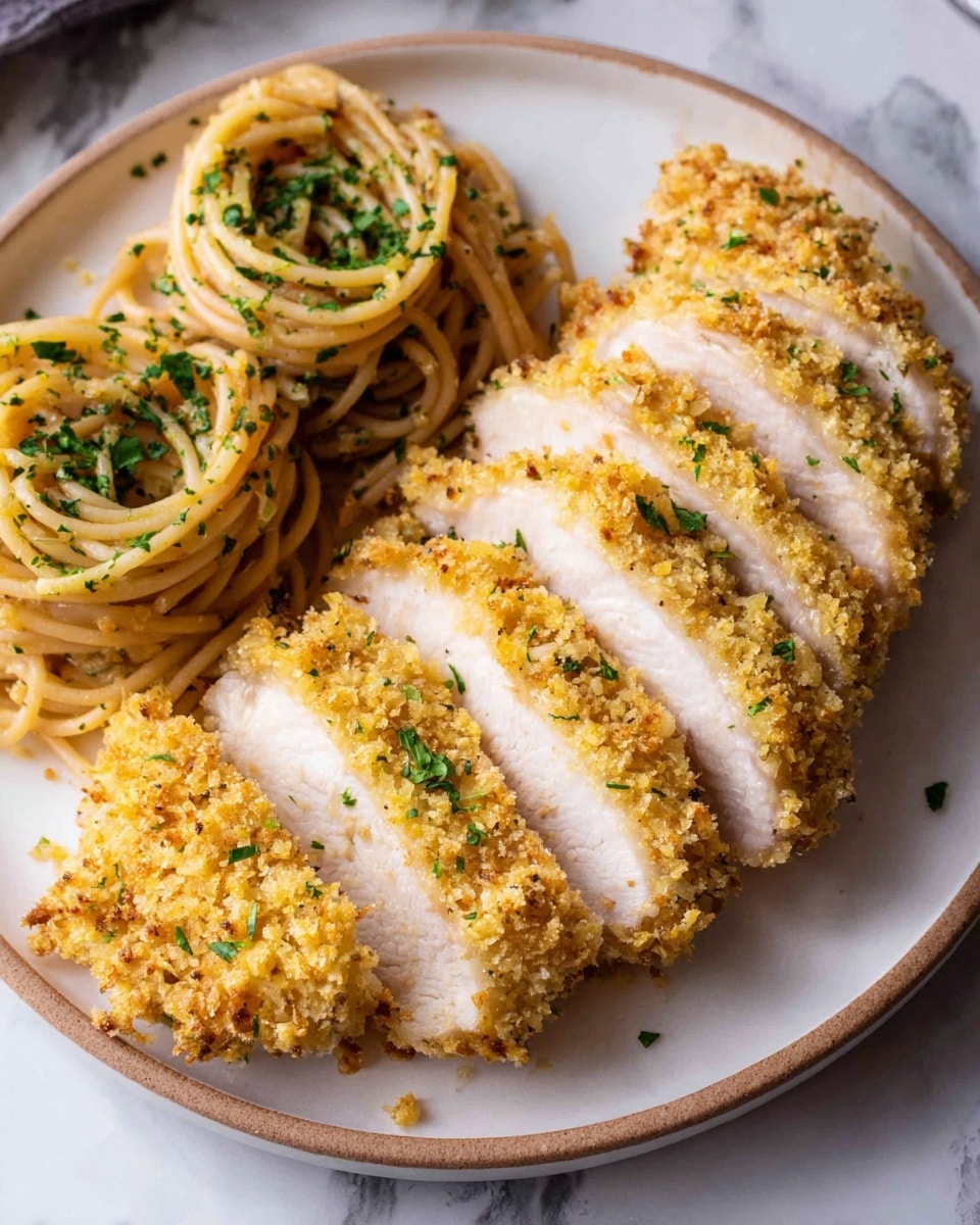 The image shows a white plate with five slices of golden crispy chicken arranged in a fan shape on the right side. The chicken has a crunchy, crumb coating with a light yellow color and small green herb sprinkles. On the left side of the plate, there are two small nests of spaghetti with a light brown color, also sprinkled with green herbs. The background is a white marbled texture. photo taken with an iphone --ar 4:5 --v 7