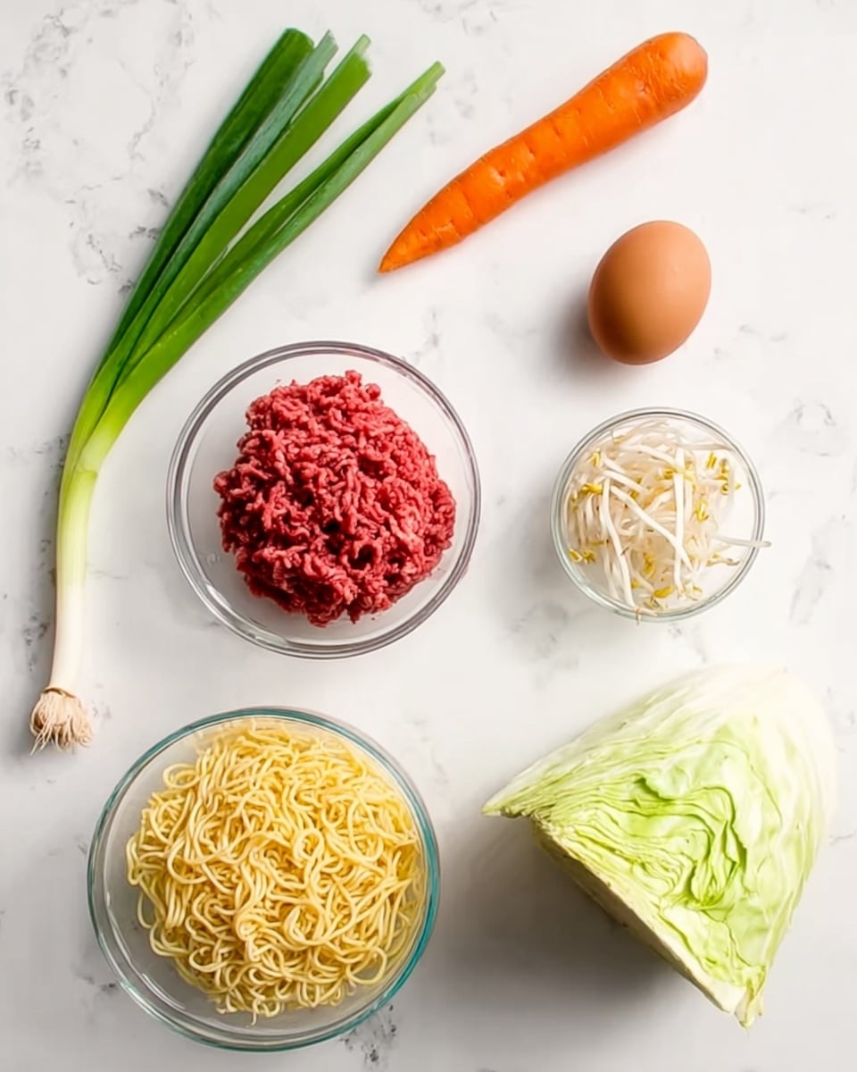 The image shows a variety of fresh ingredients arranged on a white marbled surface. There is one long green onion on the top left, one whole orange carrot next to it on the right, and one brown egg beneath the green onion. Below the egg, there is a small white bowl with bean sprouts. In the center is a clear glass bowl with raw ground beef that is bright red. To the right of it is a clear glass bowl filled with thin yellow noodles. At the bottom right, there is a wedge of light green cabbage with visible layers. The ingredients are evenly spaced, giving a clean and organized look. Photo taken with an iphone --ar 4:5 --v 7