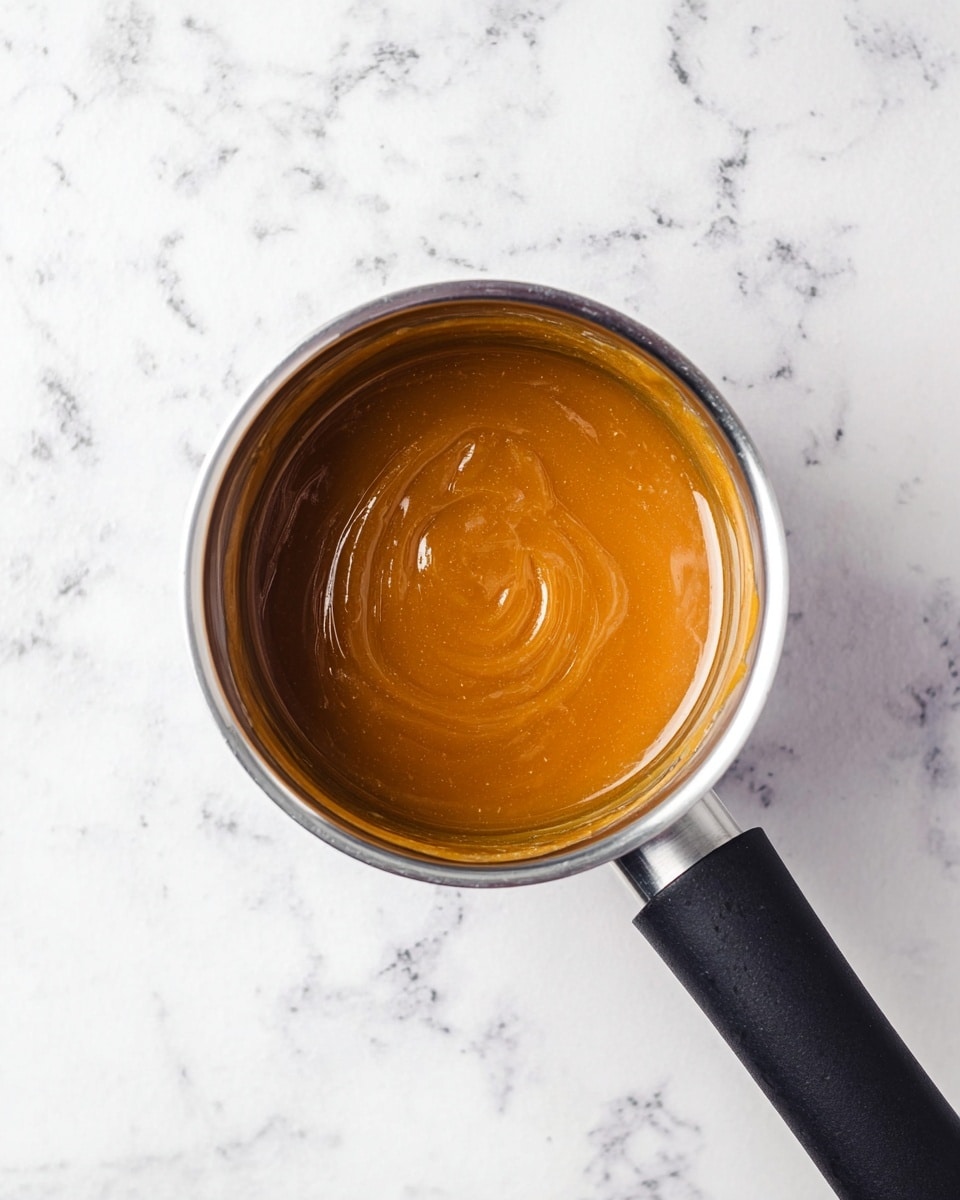 A top view of a small silver pot with a black handle, filled with a smooth, thick caramel sauce that has a warm golden-brown color. The sauce spreads evenly inside the pot with slight swirls visible on its surface. The pot is placed on a white marbled textured surface, which adds a clean and bright background to the image photo taken with an iphone --ar 4:5 --v 7