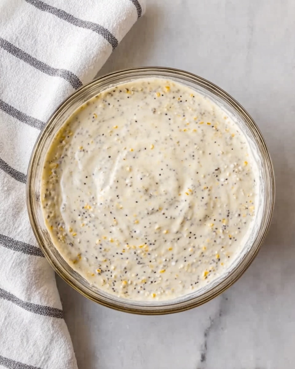 A clear glass bowl filled with a creamy white mixture that has small black seeds and tiny yellow pieces spread evenly throughout. The bowl sits on a white marbled surface with a white cloth featuring thin black stripes folded near the top left corner. The creamy mixture looks smooth with small textured bits seen all over. Photo taken with an iphone --ar 4:5 --v 7
