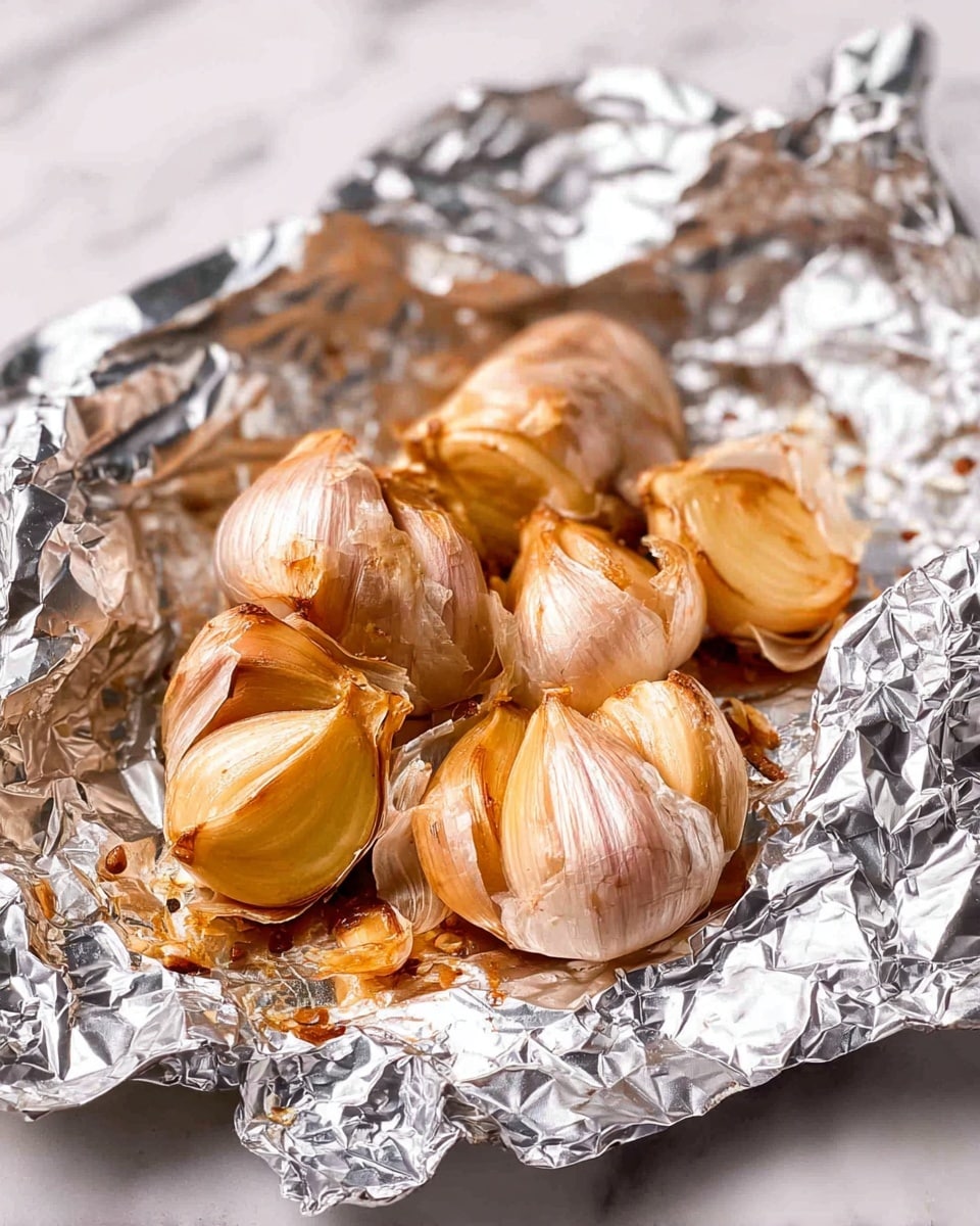 The image shows several golden brown roasted garlic cloves resting on a crumpled piece of shiny aluminum foil, which is spread out on a white marbled surface. The garlic cloves are partially peeled, revealing their soft texture and slightly caramelized edges. The foil has reflective, wrinkled textures with bright highlights and adds a shiny contrast to the warm tones of the garlic. Photo taken with an iphone --ar 4:5 --v 7
