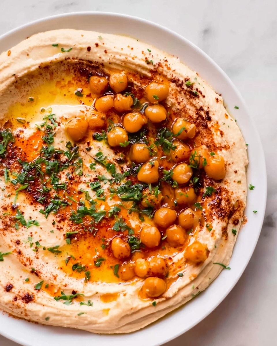 The image shows a white plate with a creamy layer of light beige hummus spread smoothly in a circular shape. On top, there are bright golden chickpeas clustered more toward the center-right. Swirls of deep orange oil and dark brown spice are drizzled across one side, mixing slightly with the hummus. Fresh, chopped green herbs are sprinkled lightly over the hummus, adding a touch of color and texture. The plate sits on a white marbled surface, enhancing the colors of the dish. Photo taken with an iphone --ar 4:5 --v 7