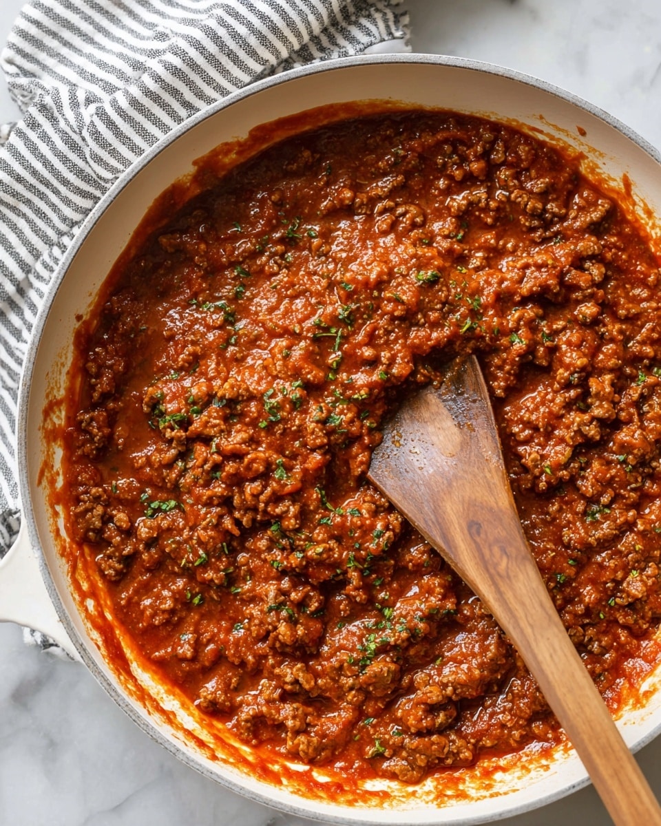 A close-up of a white pan filled with thick, chunky red meat sauce mixed with small pieces of browned meat and bits of onions, speckled with fresh green herb bits on top. The sauce has a glossy, textured look with a mix of tomato and meat colors, and it covers most of the pan's white bottom except a small circle where the sauce has been stirred aside. A wooden spoon with a forked end is resting inside the pan, partially submerged in the sauce with its handle leaning out over the pan. The pan sits on a white marbled surface, and a striped cloth is partly visible at the top left corner. photo taken with an iphone --ar 4:5 --v 7