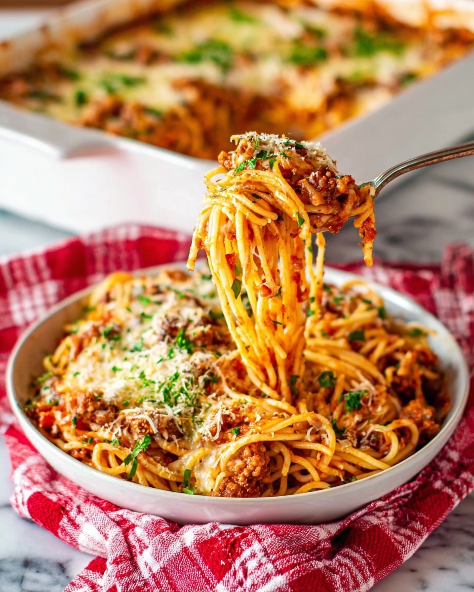 A white bowl filled with spaghetti layered with a rich tomato sauce mixed with minced meat and melted cheese. The top layer shows finely grated white cheese and chopped green herbs sprinkled evenly over the spaghetti. A woman's hand holds a fork lifting a small serving of the spaghetti, showing the tangled noodles coated in sauce along with bits of meat and herbs. In the background, a white baking dish contains more of the same spaghetti dish. The bowl is placed on a red and white checkered cloth on a white marbled surface. photo taken with an iphone --ar 4:5 --v 7