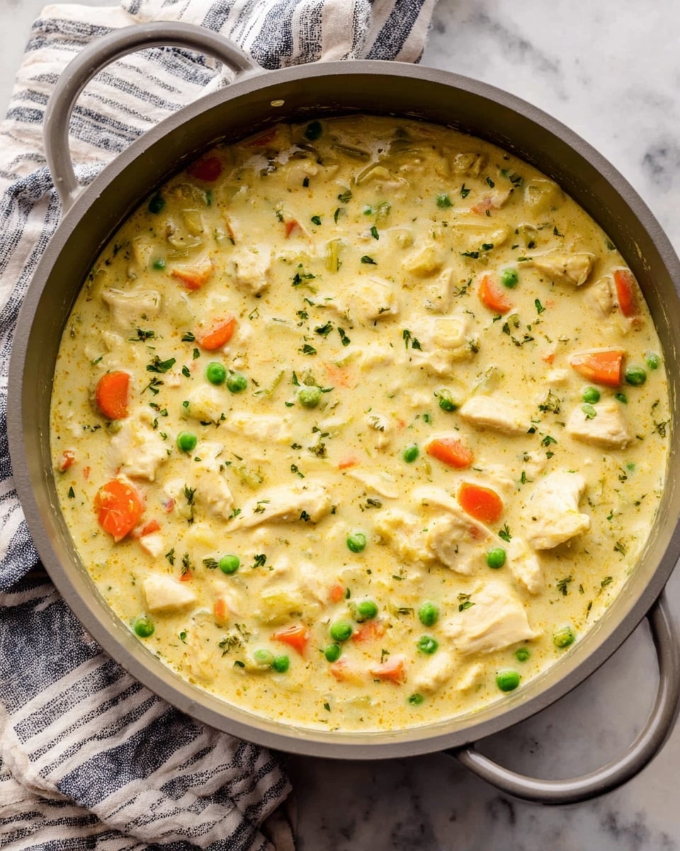 The image shows a creamy chicken and vegetable mixture in a gray pan with two handles, resting on a white marbled surface with a striped cloth nearby. The dish has a thick, yellowish sauce base with visible pieces of white chicken and small bright green peas scattered throughout. There are also small round orange carrot slices mixed evenly in the dish, giving it a colorful look. The texture appears smooth and slightly chunky, with herbs sprinkled subtly across the surface, enhancing its homely appearance. Photo taken with an iphone --ar 4:5 --v 7