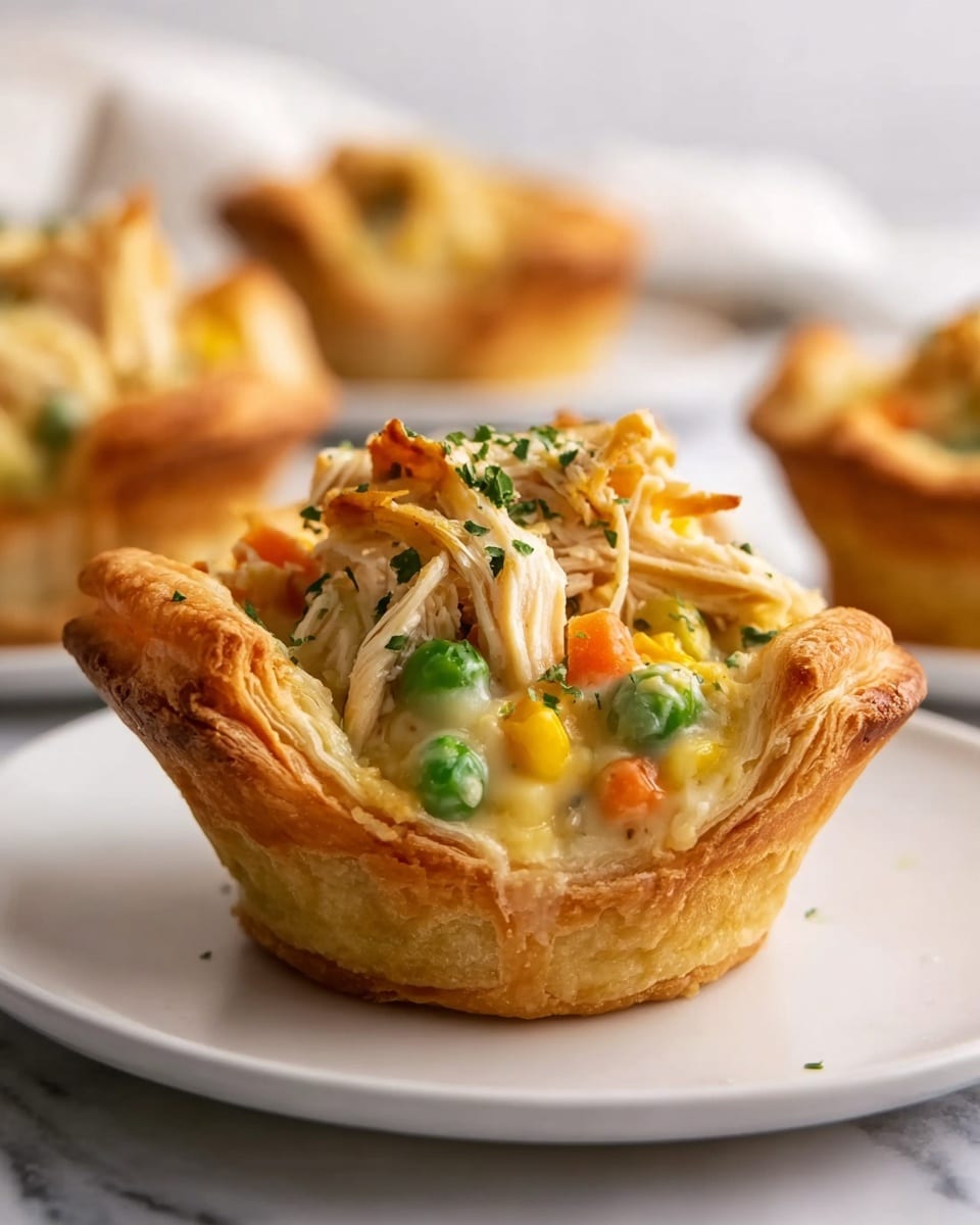 The image shows a small savory pie with a golden-brown crust that is thick and crisp, shaped like a cup. Inside, there are several layers: shredded pieces of light tan chicken on top sprinkled with green herbs, bright orange carrot chunks, green peas, and yellow corn kernels mixed in a creamy light yellow sauce filling the bottom. The pie sits on a white plate with a white marbled surface underneath. In the background, more similar pies are visible but slightly out of focus. photo taken with an iphone --ar 4:5 --v 7