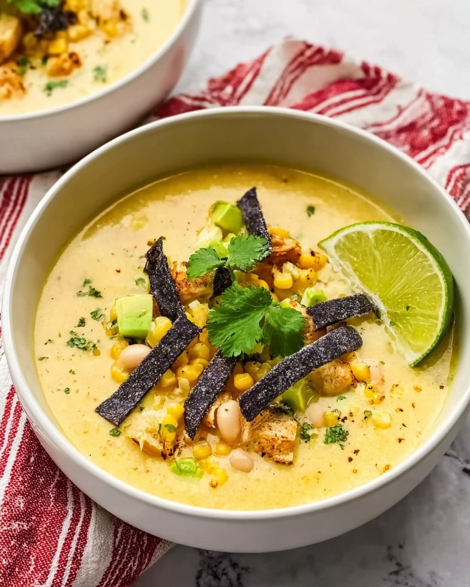 The image shows a white bowl filled with creamy yellow soup as the base layer. On top, there are pieces of light brown grilled corn, white beans, and small green avocado chunks adding texture and color. Thin, dark blue or black tortilla strips are scattered over the soup, creating a crunchy layer. A fresh green cilantro leaf sits in the middle, adding brightness. On the right side inside the bowl, a wedge of lime leans against the rim. The bowl is placed on a white marbled surface with a red and white striped cloth in the background. Photo taken with an iphone --ar 4:5 --v 7