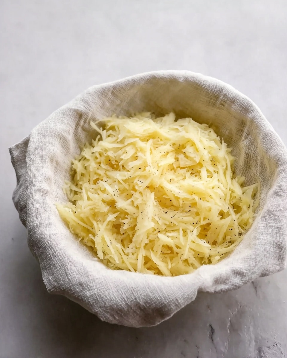 A white bowl lined with a soft white cloth holds a single layer of shredded pale yellow potatoes. The potatoes have a light, slightly moist texture with tiny black pepper speckles scattered on top. The background is a white marbled surface. photo taken with an iphone --ar 4:5 --v 7