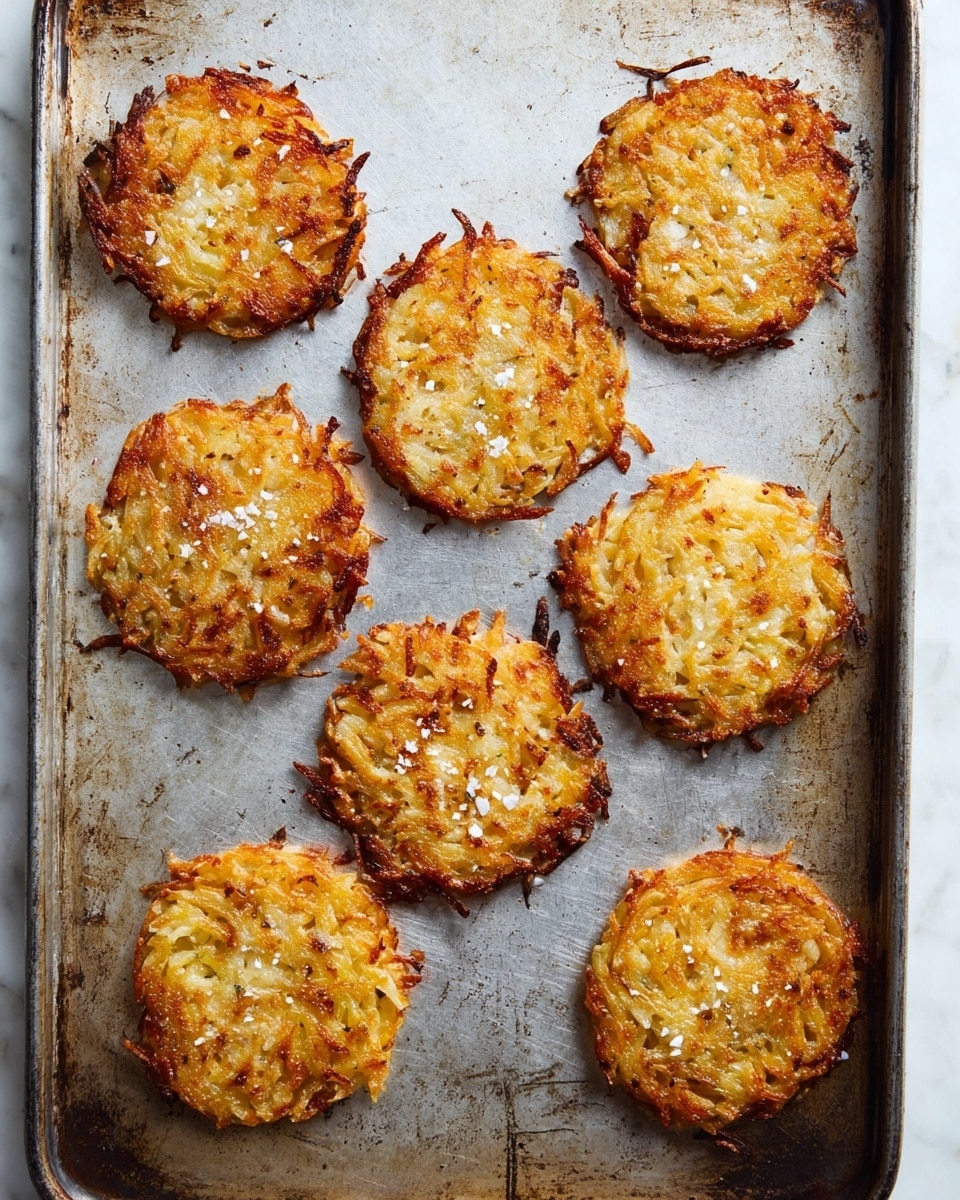 The image shows nine round golden-brown potato pancakes arranged in three rows on a silver baking sheet. Each pancake has a crispy and slightly uneven surface with visible shredded potato strands and small bits of lightly browned edges. Some pancakes are sprinkled with coarse salt, adding texture and shimmer on top. The baking sheet has a worn look with darkened edges and scratches on a white marbled texture background. photo taken with an iphone --ar 4:5 --v 7